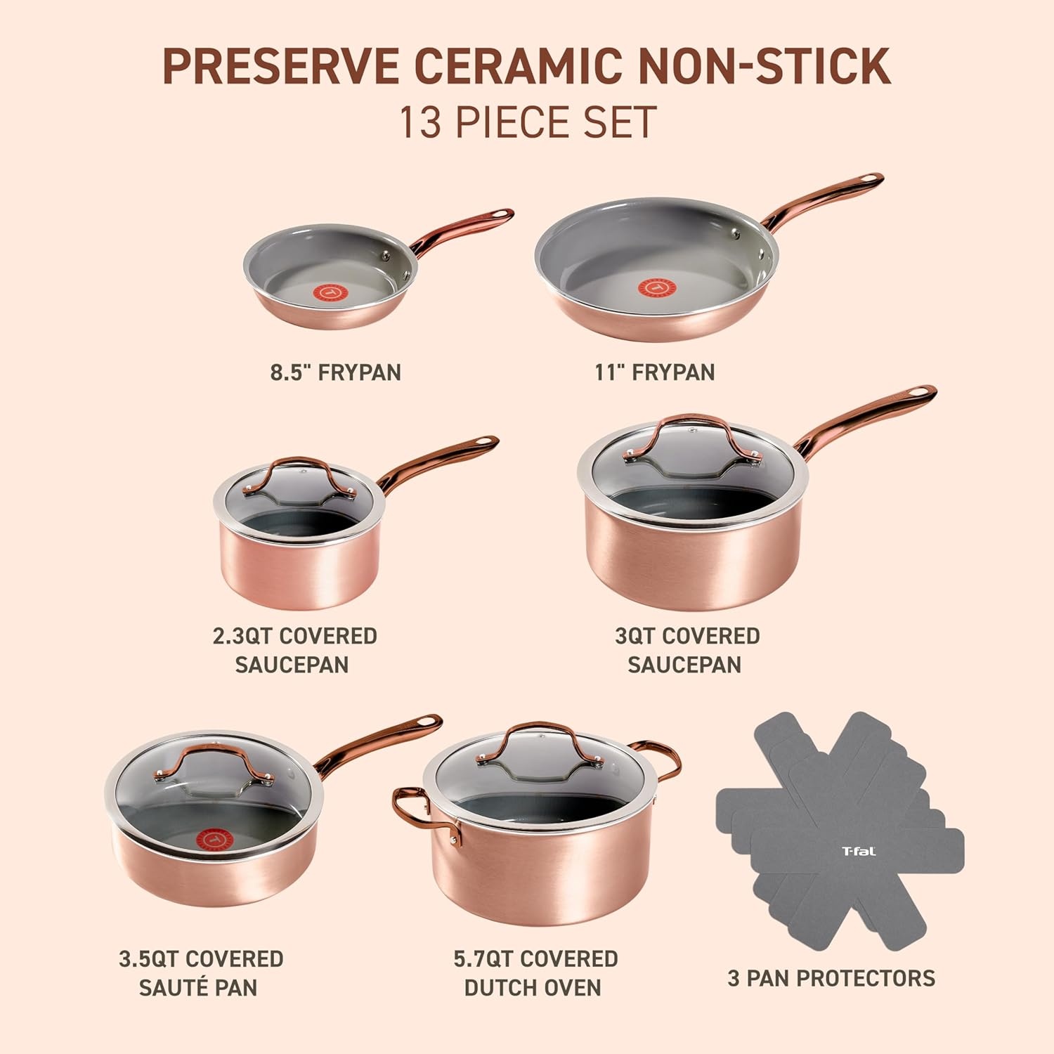 image:imageTFal Preserve Ceramic Nonstick Frying Pan 2Pc Set 85 amp 11 Oven Broiler Safe up to 350F Cookware InoCeram Glide Technology Frying Pan Skillet Pots amp Pans BlackRose Gold