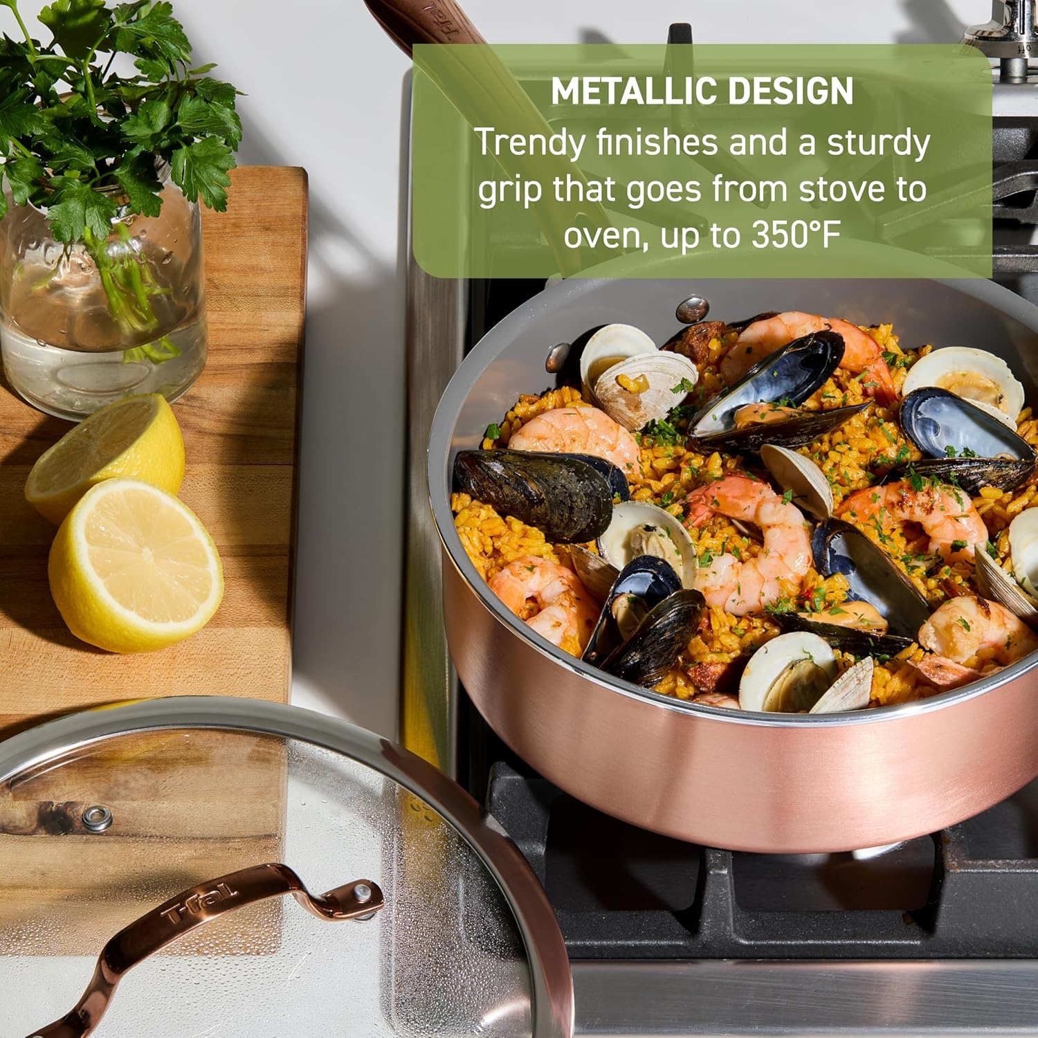 image:imageTFal Preserve Ceramic Nonstick Saute Pan with Lid 55 Qt Oven and Broiler Safe up to 350F Cookware Frying Pan StayCool Handle Skillet Pots and Pans Rose GoldRose Gold