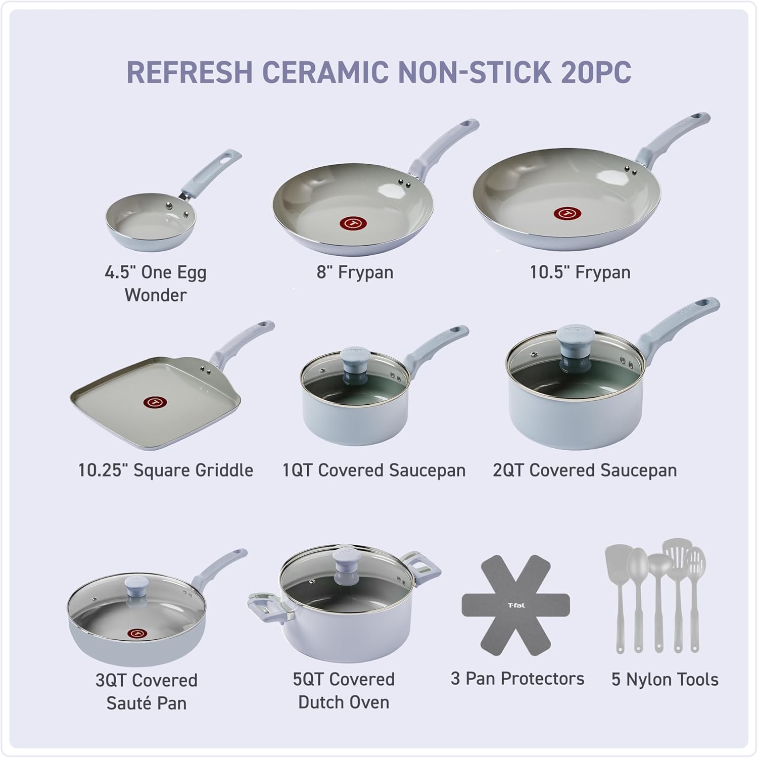 image:imageTFal Refresh Ceramic Nonstick Cookware Set 20Piece Oven Safe to 350F Stockpot Ceramic Pots and Pans Set Frying Pans Griddle Utensils Mint GreenArtic Blue