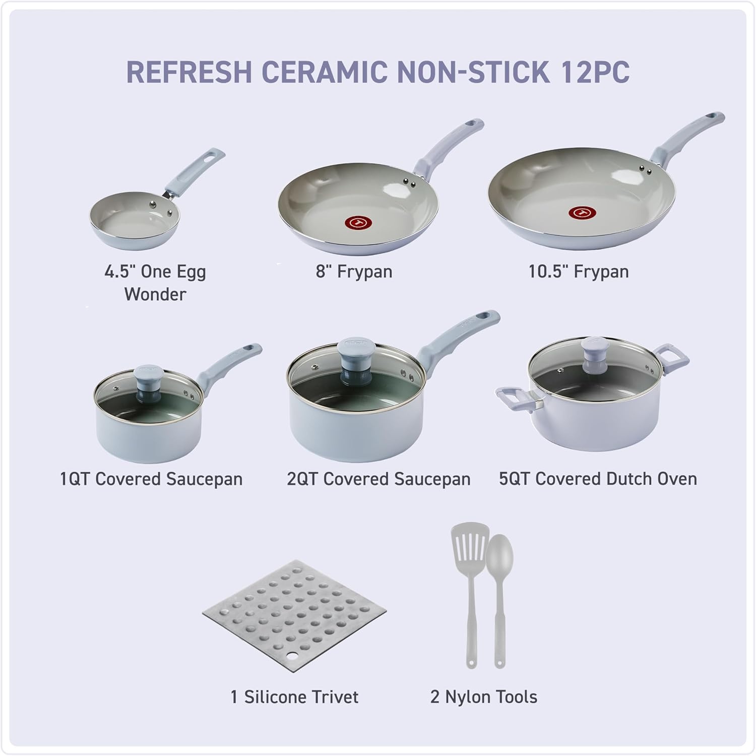 image:imageTFal Refresh Ceramic Nonstick Cookware Set 20Piece Oven Safe to 350F Stockpot Ceramic Pots and Pans Set Frying Pans Griddle Utensils Mint GreenArtic Blue