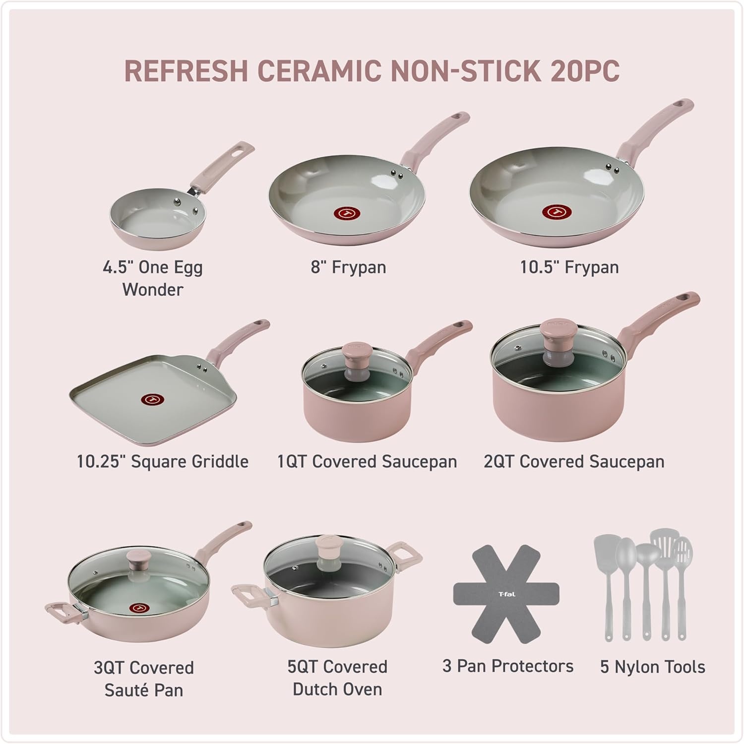 image:imageTFal Refresh Ceramic Nonstick Cookware Set 20Piece Oven Safe to 350F Stockpot Ceramic Pots and Pans Set Frying Pans Griddle Utensils Mint GreenDusty Rose