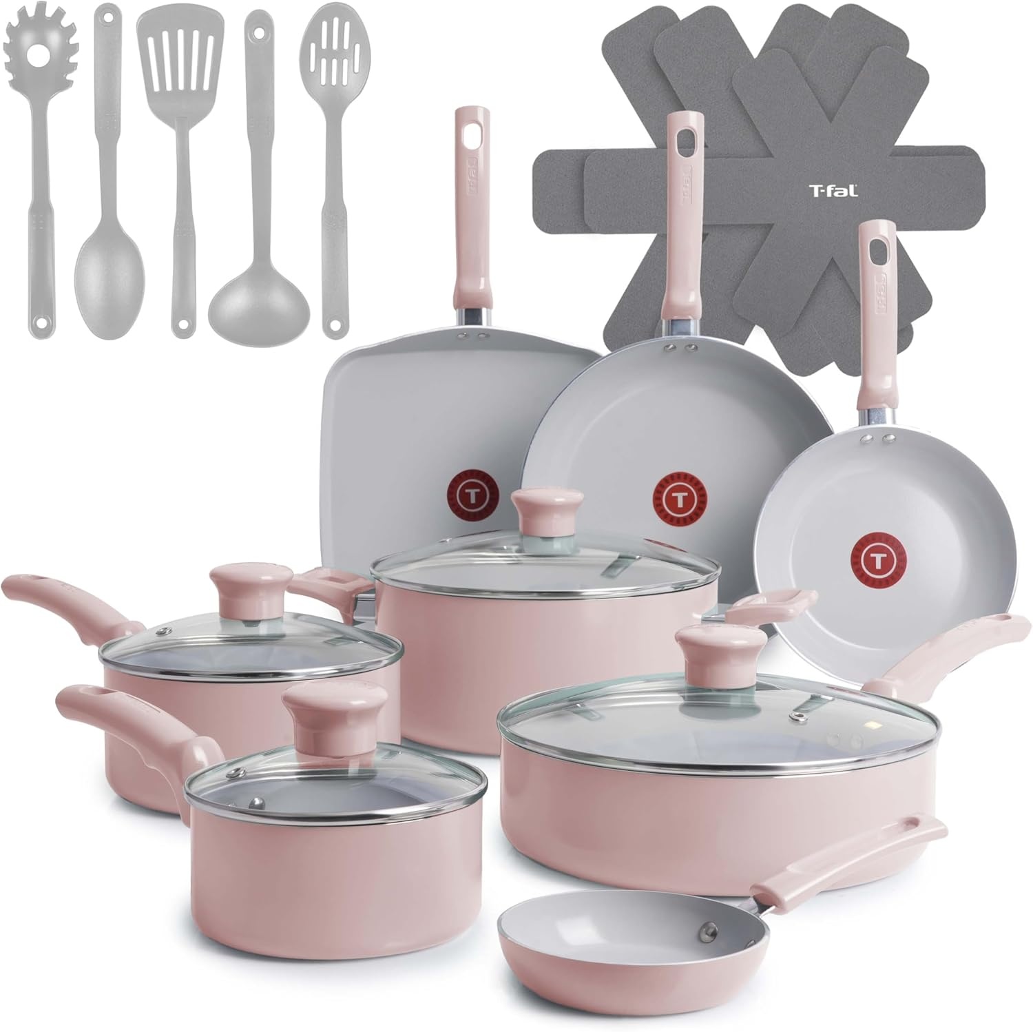 image:imageTFal Refresh Ceramic Nonstick Cookware Set 20Piece Oven Safe to 350F Stockpot Ceramic Pots and Pans Set Frying Pans Griddle Utensils Mint GreenDusty Rose