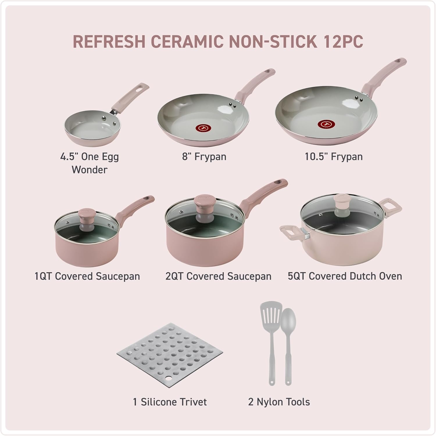 image:imageTFal Refresh Ceramic Nonstick Cookware Set 20Piece Oven Safe to 350F Stockpot Ceramic Pots and Pans Set Frying Pans Griddle Utensils Mint GreenDusty Rose