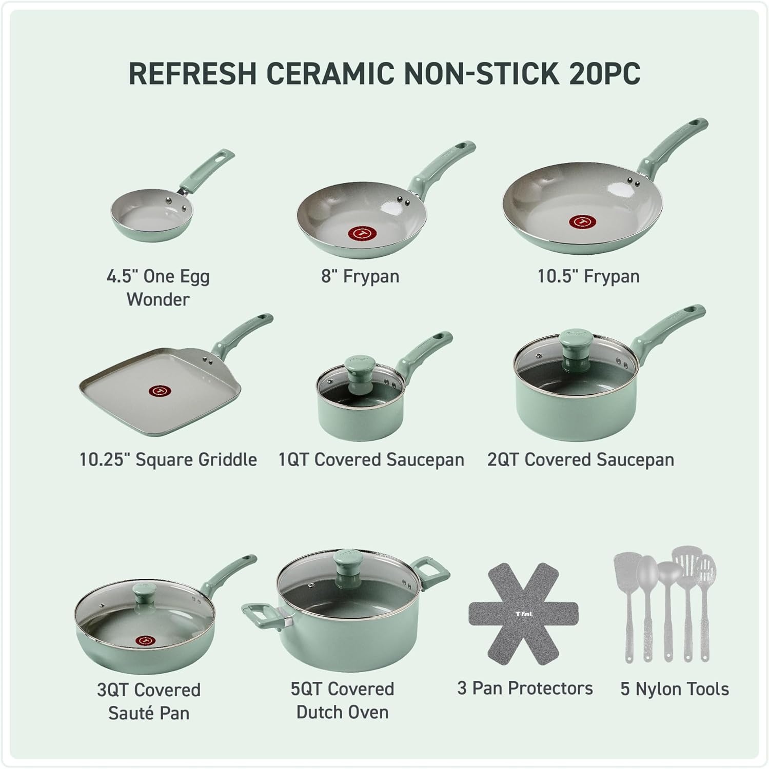 image:imageTFal Refresh Ceramic Nonstick Cookware Set 20Piece Oven Safe to 350F Stockpot Ceramic Pots and Pans Set Frying Pans Griddle Utensils Mint GreenMint Green