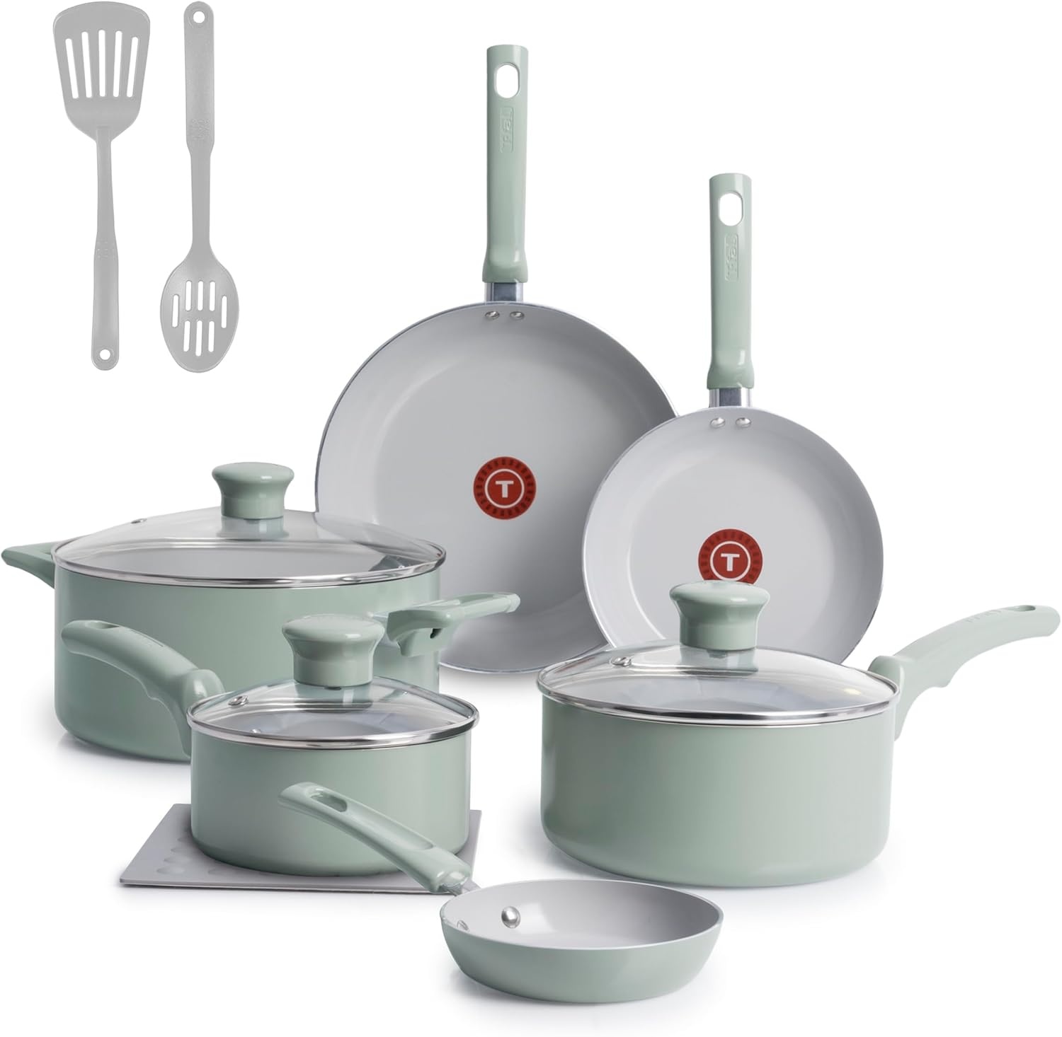 image:imageTFal Refresh Ceramic Nonstick Cookware Set 20Piece Oven Safe to 350F Stockpot Ceramic Pots and Pans Set Frying Pans Griddle Utensils Mint GreenMint Green