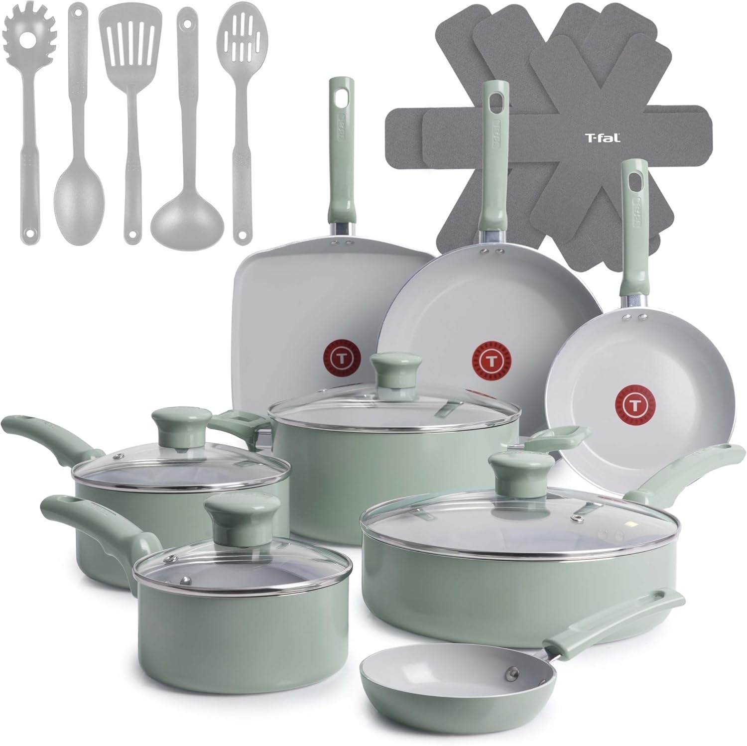 image:imageTFal Refresh Ceramic Nonstick Cookware Set 20Piece Oven Safe to 350F Stockpot Ceramic Pots and Pans Set Frying Pans Griddle Utensils Mint GreenMint Green