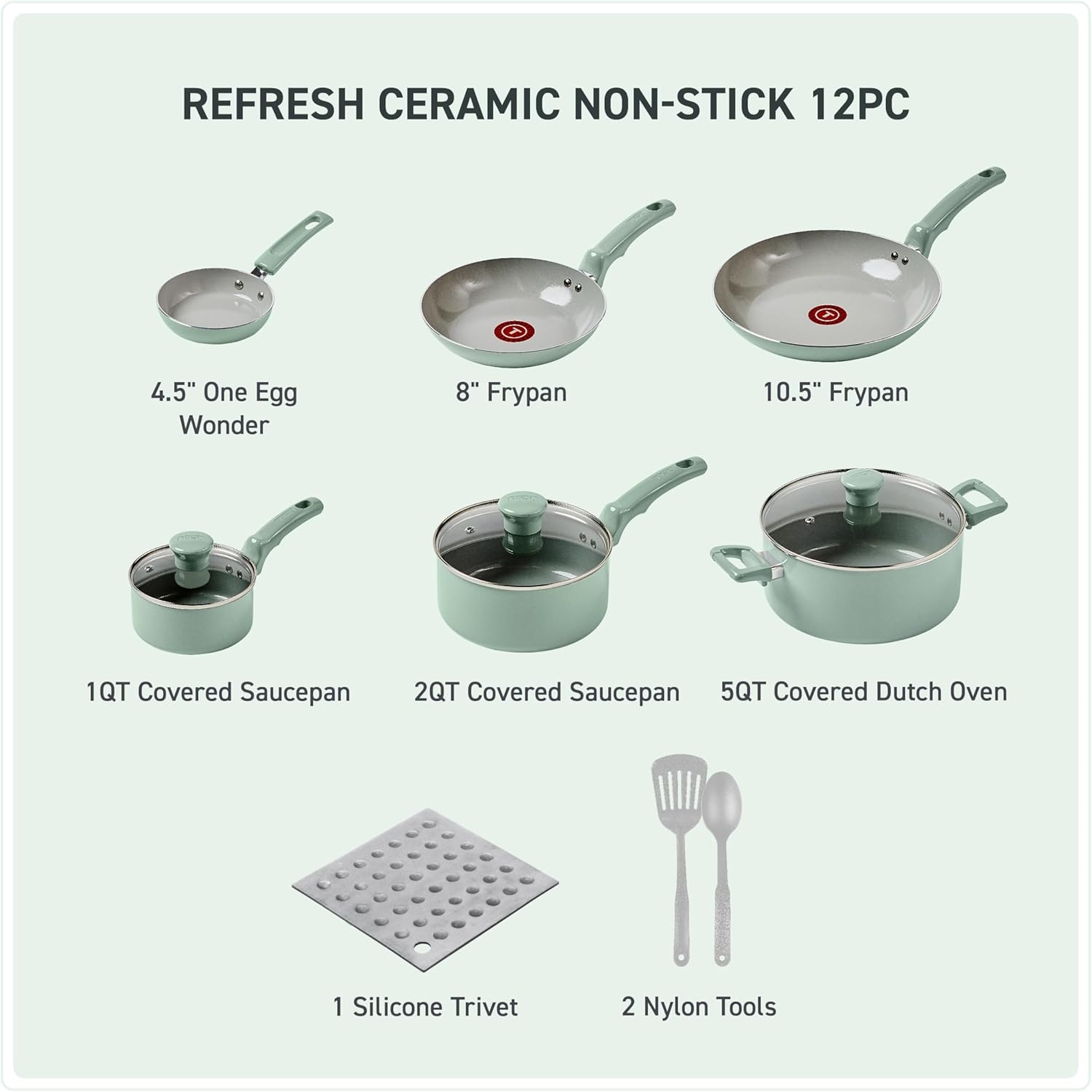 image:imageTFal Refresh Ceramic Nonstick Cookware Set 20Piece Oven Safe to 350F Stockpot Ceramic Pots and Pans Set Frying Pans Griddle Utensils Mint GreenMint Green