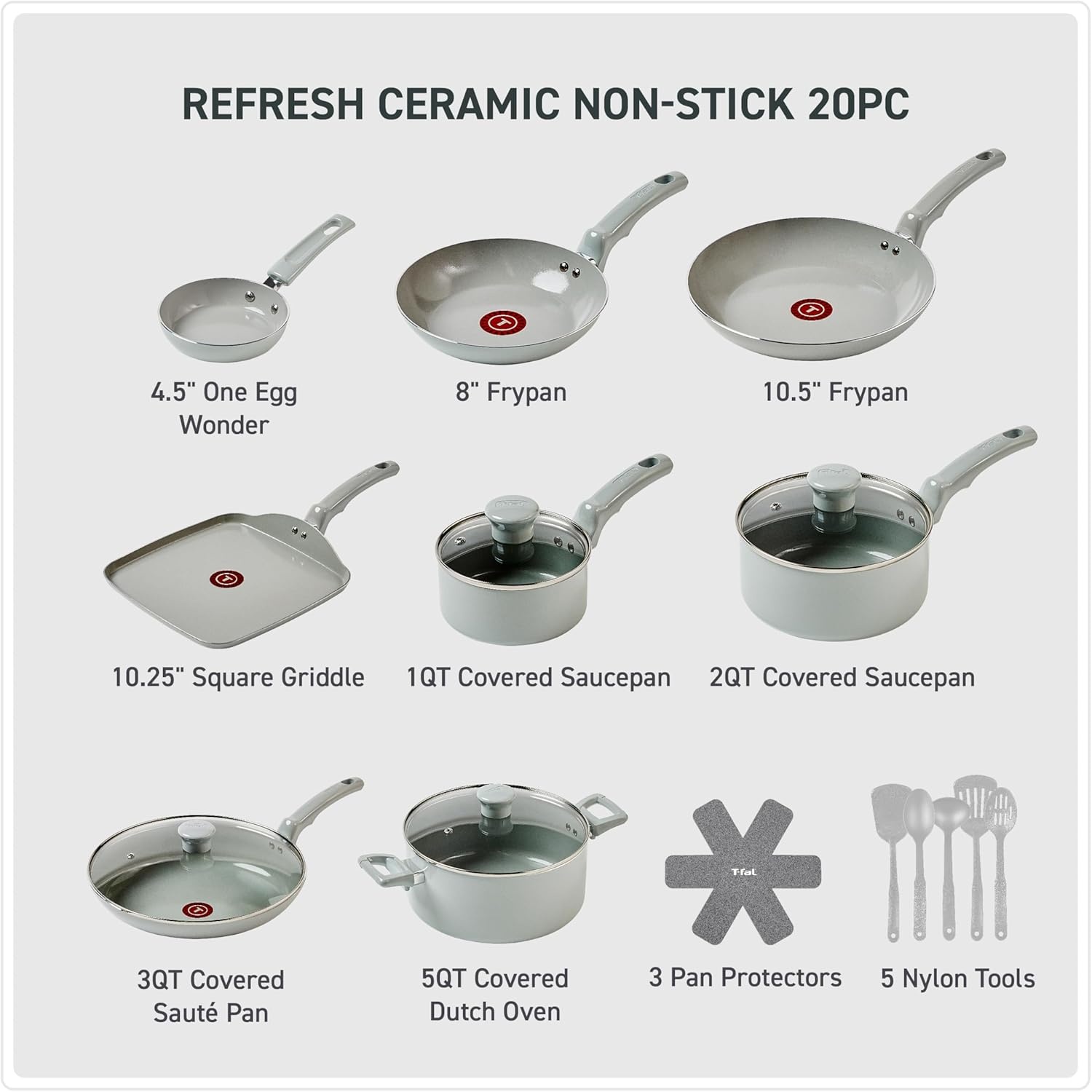 image:imageTFal Refresh Ceramic Nonstick Cookware Set 20Piece Oven Safe to 350F Stockpot Ceramic Pots and Pans Set Frying Pans Griddle Utensils Mint GreenMoon Grey
