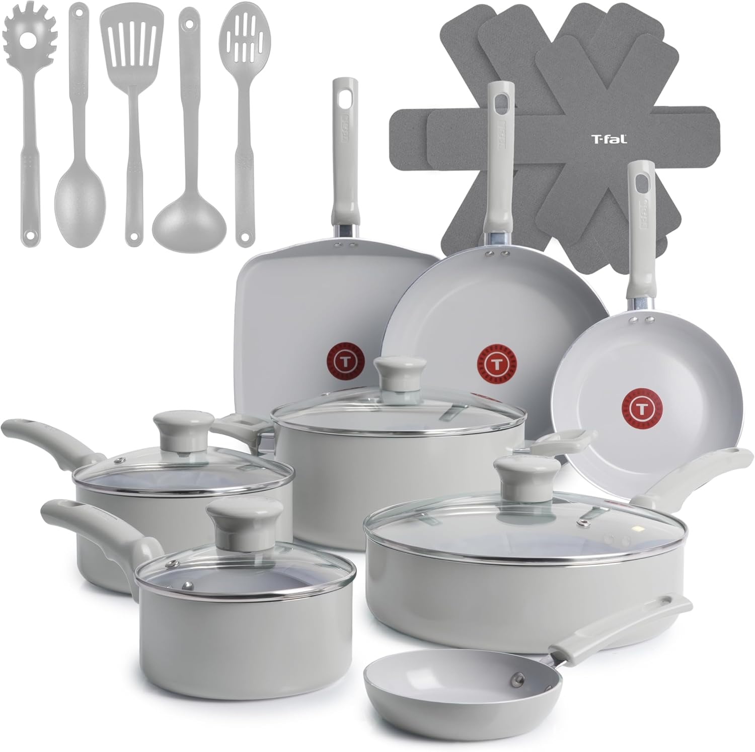 image:imageTFal Refresh Ceramic Nonstick Cookware Set 20Piece Oven Safe to 350F Stockpot Ceramic Pots and Pans Set Frying Pans Griddle Utensils Mint GreenMoon Grey