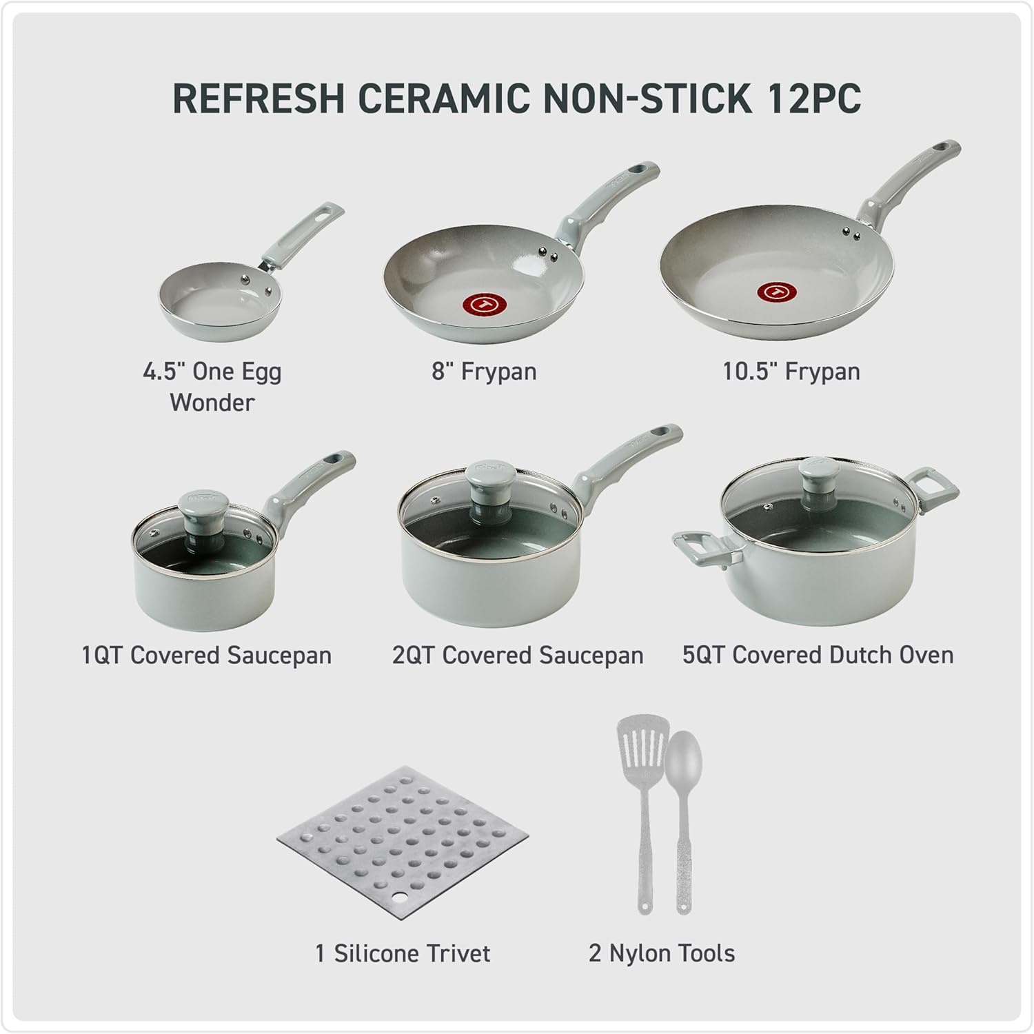 image:imageTFal Refresh Ceramic Nonstick Cookware Set 20Piece Oven Safe to 350F Stockpot Ceramic Pots and Pans Set Frying Pans Griddle Utensils Mint GreenMoon Grey