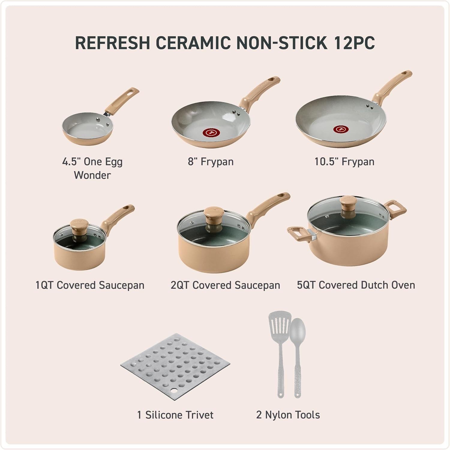 image:imageTFal Refresh Ceramic Nonstick Cookware Set 20Piece Oven Safe to 350F Stockpot Ceramic Pots and Pans Set Frying Pans Griddle Utensils Mint GreenSand Beige