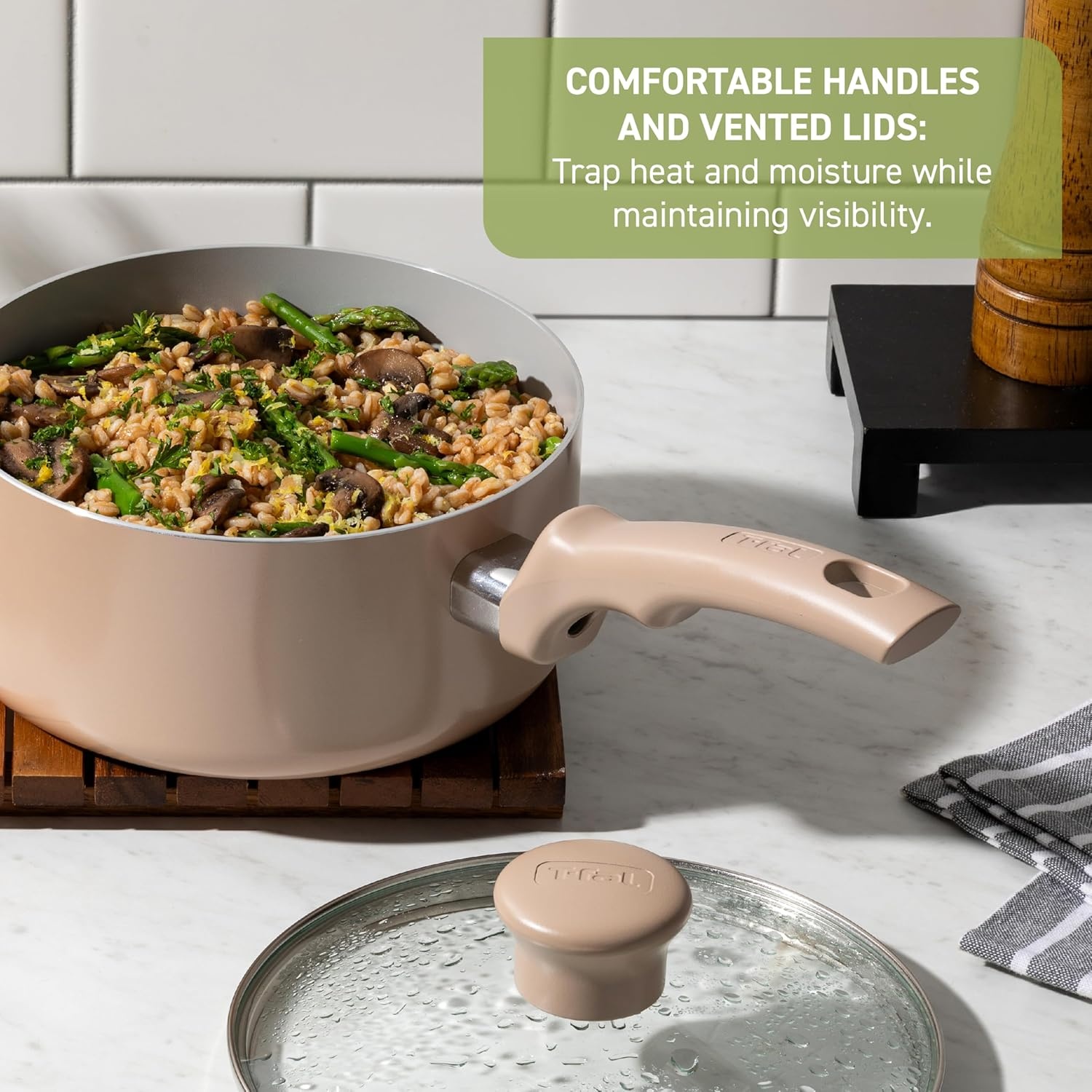 image:imageTFal Refresh Ceramic Nonstick Cookware Set 20Piece Oven Safe to 350F Stockpot Ceramic Pots and Pans Set Frying Pans Griddle Utensils Mint GreenSand Beige