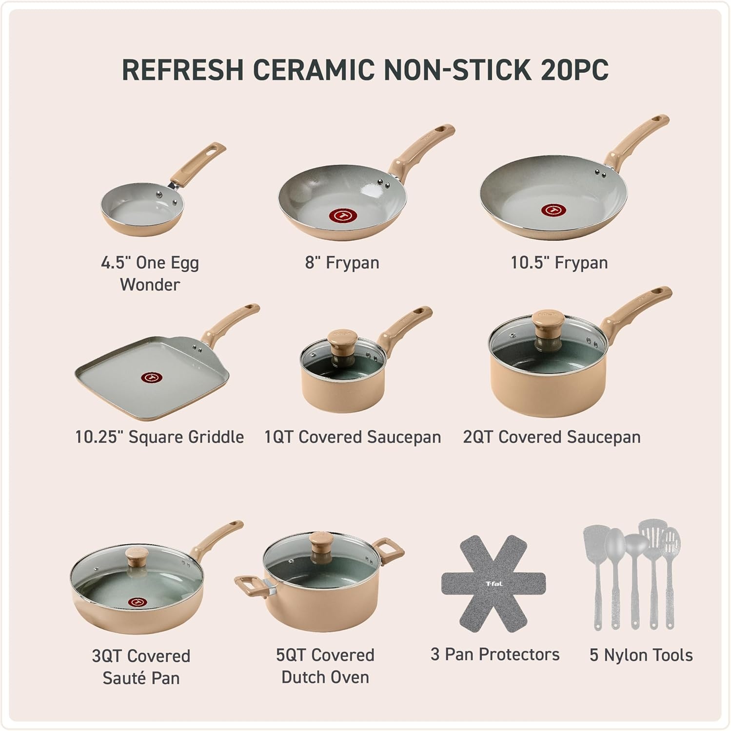 image:imageTFal Refresh Ceramic Nonstick Cookware Set 20Piece Oven Safe to 350F Stockpot Ceramic Pots and Pans Set Frying Pans Griddle Utensils Mint GreenSand Beige