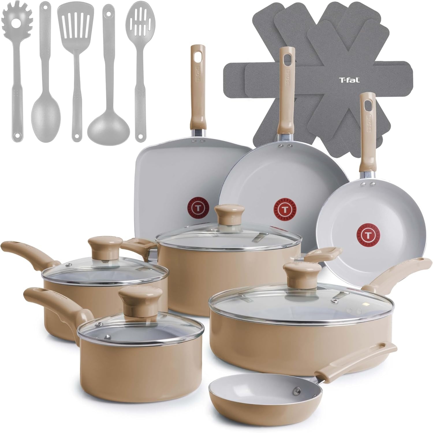 image:imageTFal Refresh Ceramic Nonstick Cookware Set 20Piece Oven Safe to 350F Stockpot Ceramic Pots and Pans Set Frying Pans Griddle Utensils Mint GreenSand Beige