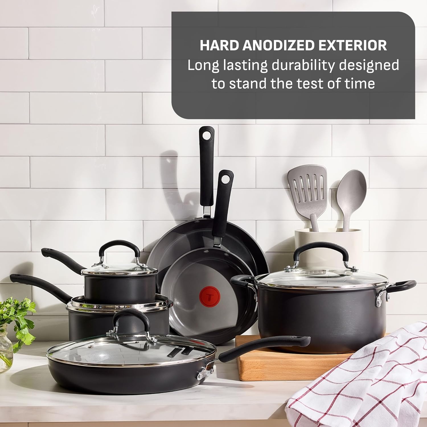 image:imageTFal Ultimate Hard Anodized 12Piece Ceramic Nonstick Cookware Set Oven Safe Up to 400F Ceramic Pots and Pans Set Frying Pans Saucepan Stockpot Cooking Utensils Stone12Piece