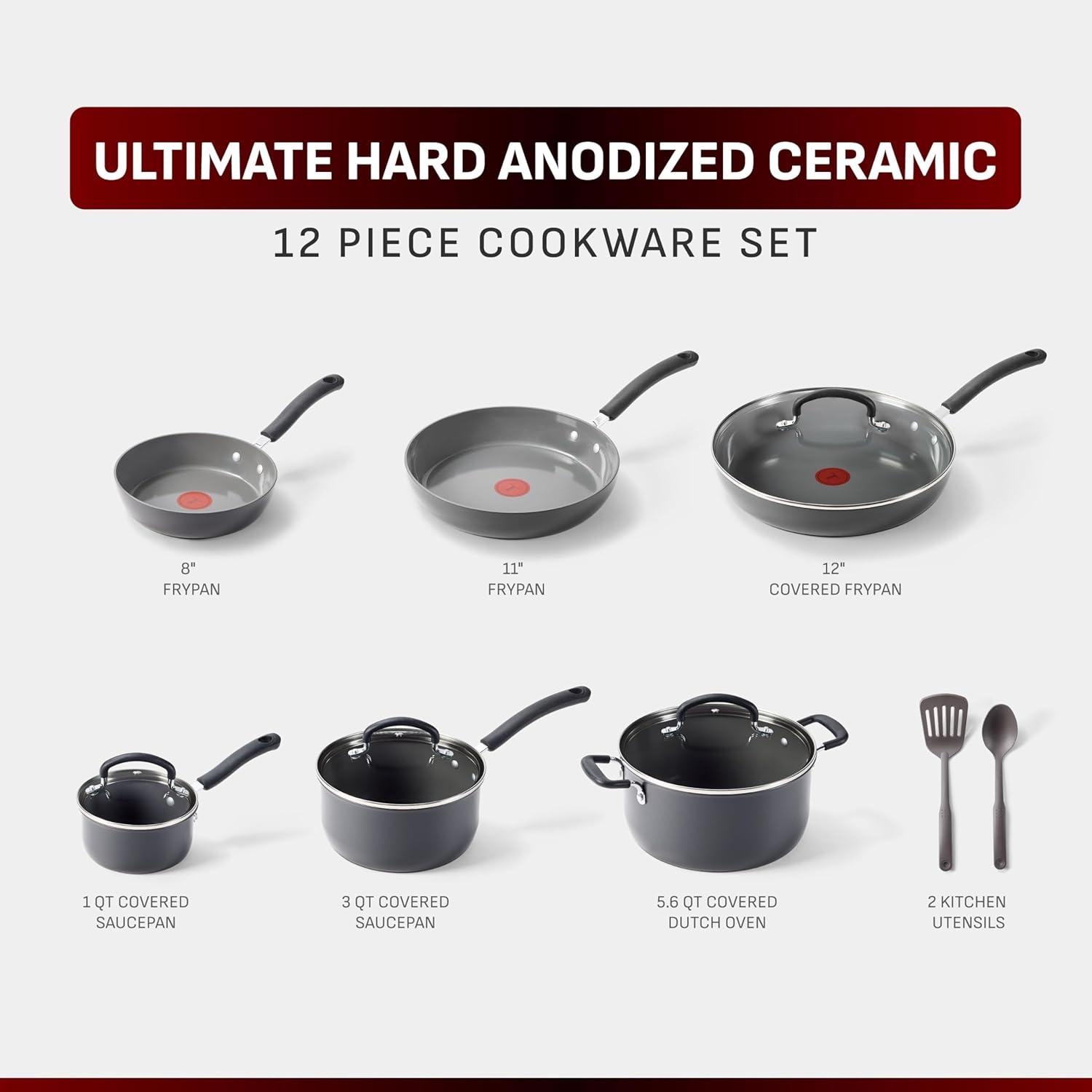 image:imageTFal Ultimate Hard Anodized 12Piece Ceramic Nonstick Cookware Set Oven Safe Up to 400F Ceramic Pots and Pans Set Frying Pans Saucepan Stockpot Cooking Utensils Stone12Piece