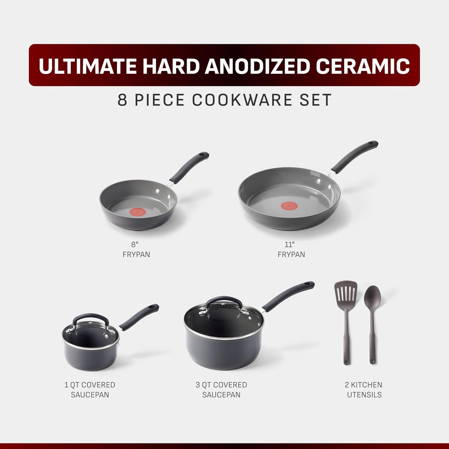 image:imageTFal Ultimate Hard Anodized 12Piece Ceramic Nonstick Cookware Set Oven Safe Up to 400F Ceramic Pots and Pans Set Frying Pans Saucepan Stockpot Cooking Utensils Stone8Piece