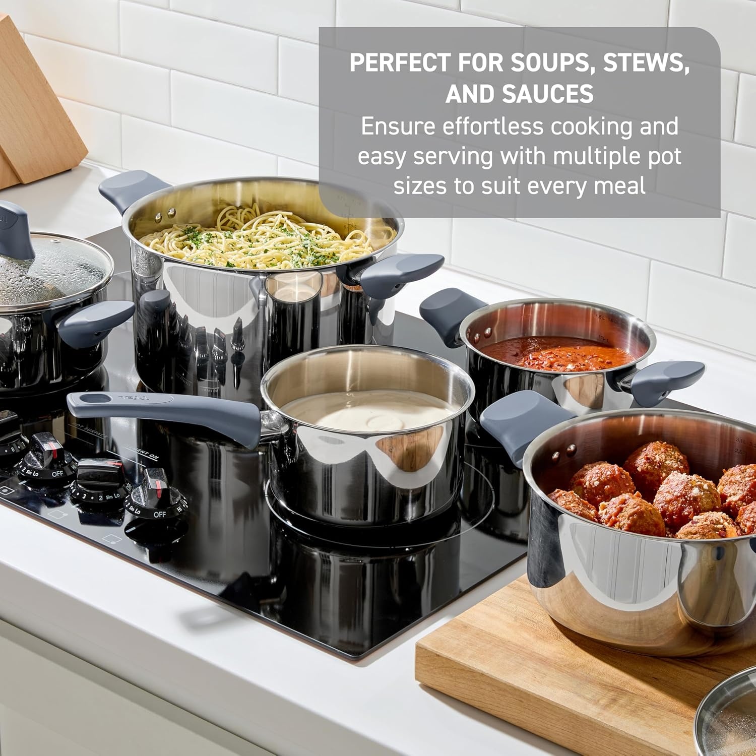image:imageTfal Essentials Stainless Steel Cookware Set 12 Piece Induction Compatible Oven Safe 350F Cooking Set wStewpots Stockpot Saucepan Lids amp Tools Measuring Marks Dishwasher Safe SilverBlue12Piece Set
