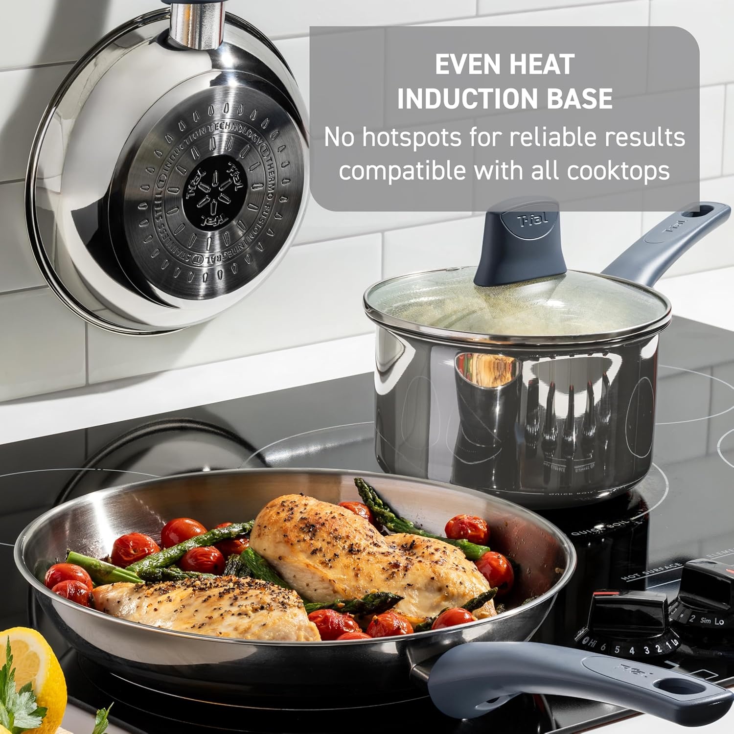 image:imageTfal Essentials Stainless Steel Cookware Set 12 Piece Induction Compatible Oven Safe 350F Cooking Set wStewpots Stockpot Saucepan Lids amp Tools Measuring Marks Dishwasher Safe SilverBlue12Piece Set