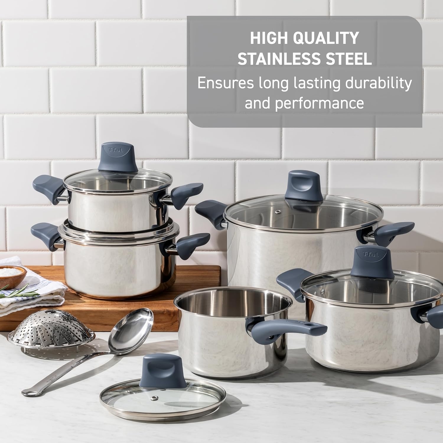 image:imageTfal Essentials Stainless Steel Cookware Set 12 Piece Induction Compatible Oven Safe 350F Cooking Set wStewpots Stockpot Saucepan Lids amp Tools Measuring Marks Dishwasher Safe SilverBlueFry Pan w Nonstick Coating