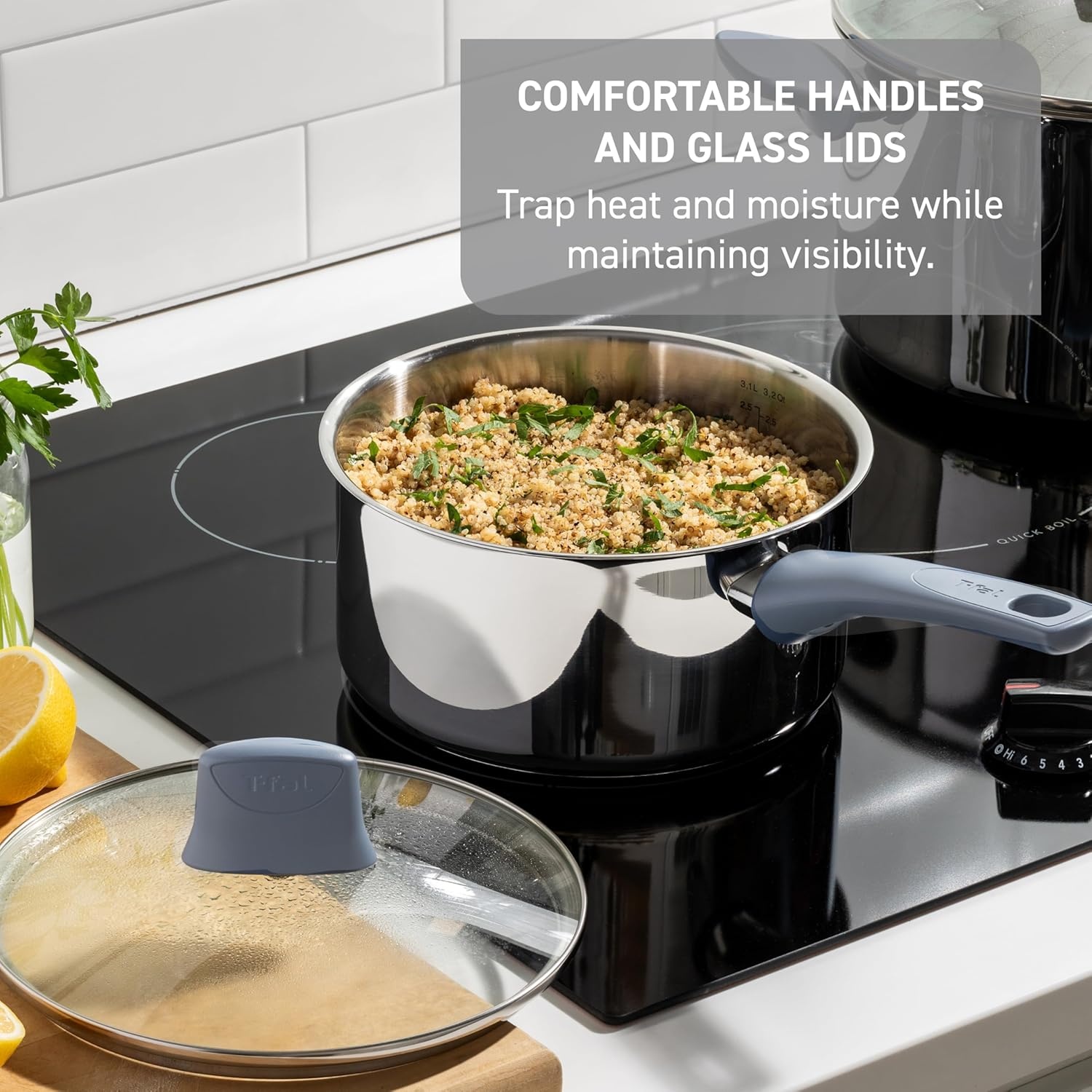 image:imageTfal Essentials Stainless Steel Cookware Set 12 Piece Induction Compatible Oven Safe 350F Cooking Set wStewpots Stockpot Saucepan Lids amp Tools Measuring Marks Dishwasher Safe SilverBlue12Piece Set