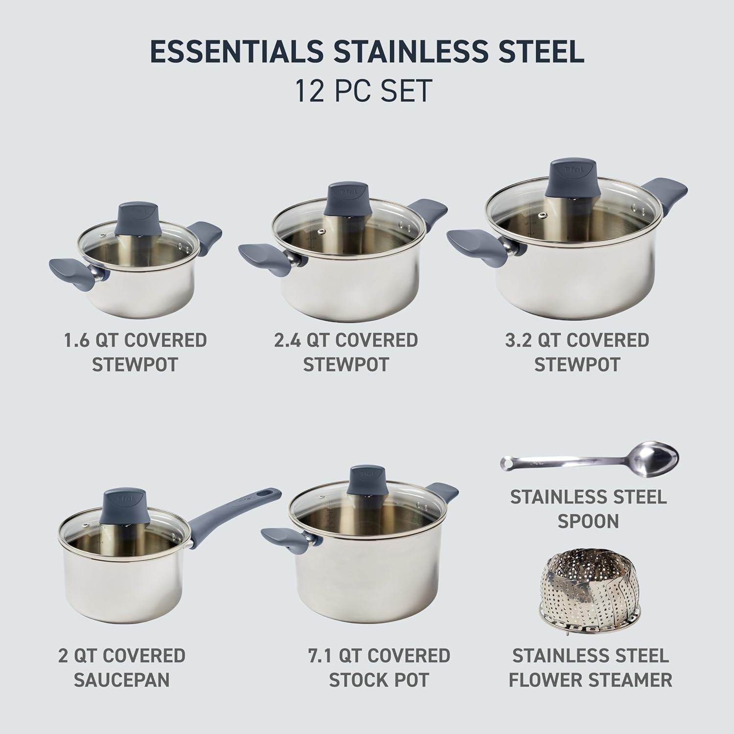 image:imageTfal Essentials Stainless Steel Cookware Set 12 Piece Induction Compatible Oven Safe 350F Cooking Set wStewpots Stockpot Saucepan Lids amp Tools Measuring Marks Dishwasher Safe SilverBlue12Piece Set