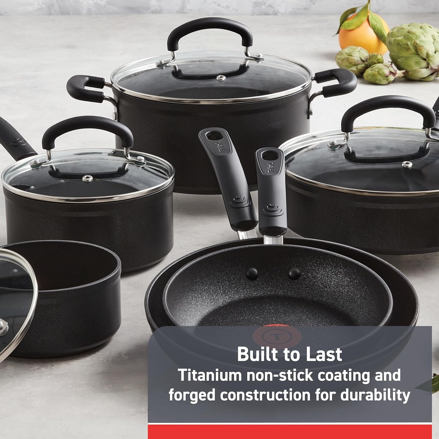 image:imageTfal Fresh Gourmet Recycled Ceramic Non Stick Cookware Set 12 Piece Oven Broiler Safe 500F Lid Safe 350F Kitchen Cooking Set WFry Pans Saucepans Dutch Oven Utensils Pots and Pans Set GreyNonStick