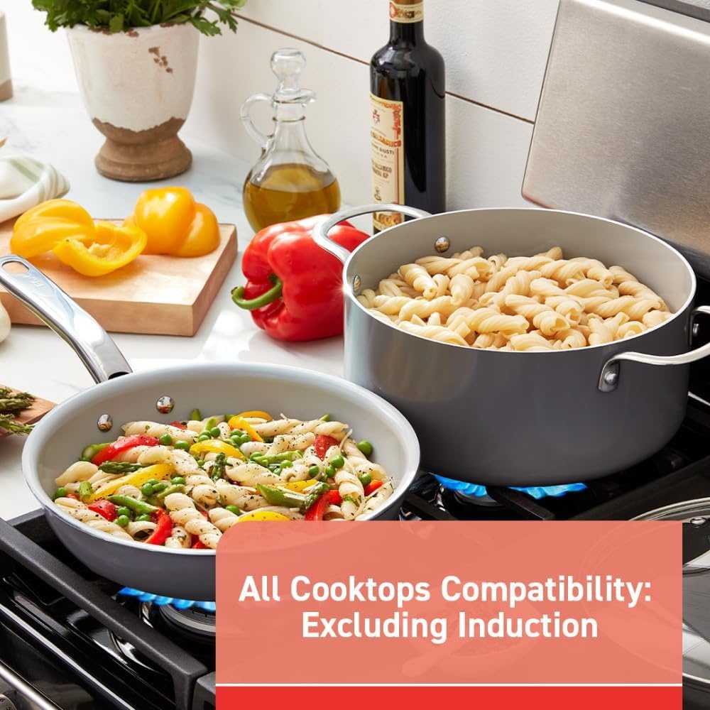 image:imageTfal Fresh Gourmet Recycled Ceramic Non Stick Cookware Set 12 Piece Oven Broiler Safe 500F Lid Safe 350F Kitchen Cooking Set WFry Pans Saucepans Dutch Oven Utensils Pots and Pans Set GreyCeramic