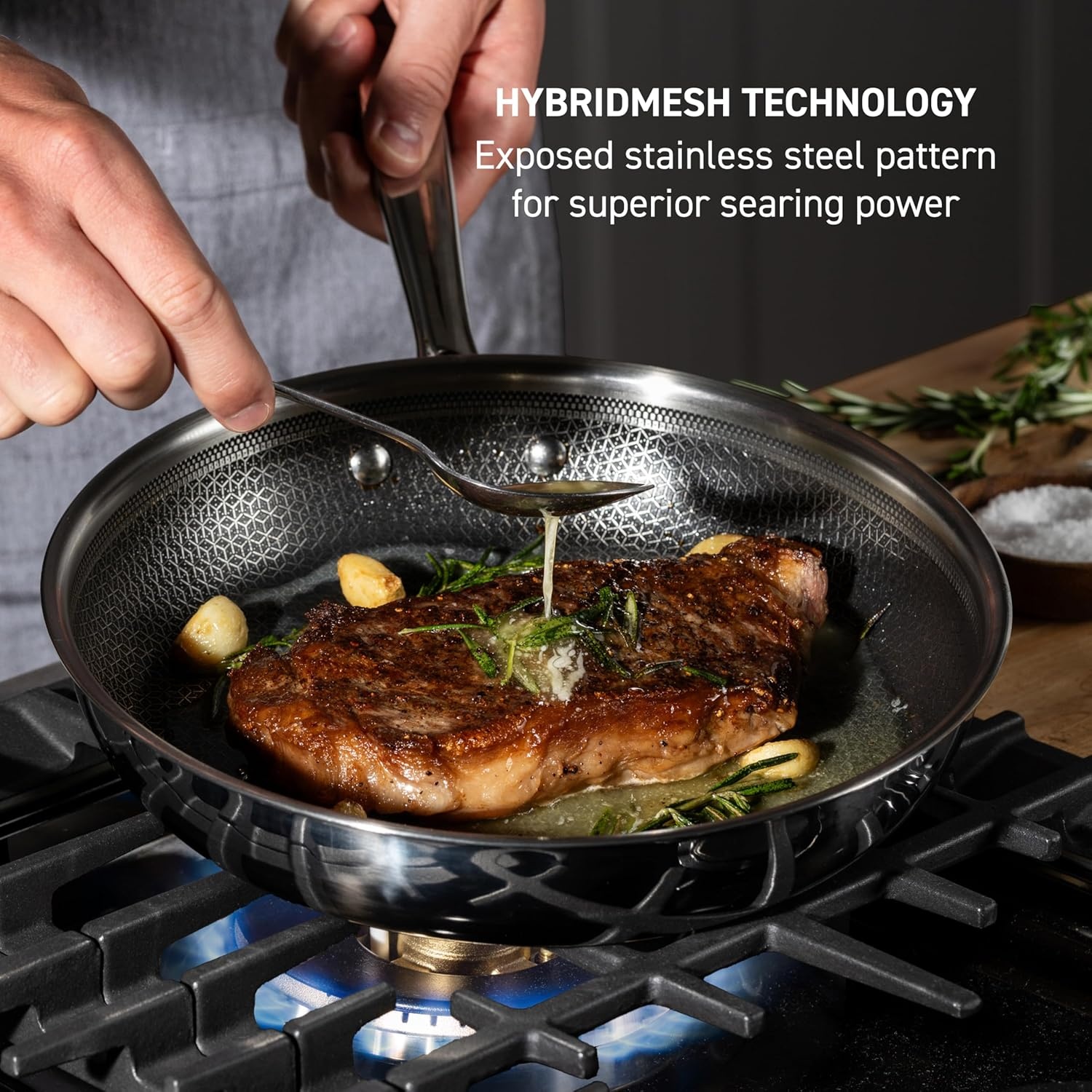 image:imageTfal HybridMesh TriPly Stainless Steel Fry Pan 1025 Inch Induction Oven Safe 500F Metal Utensil Safe Ideal For Searing Cookware Dishwasher Safe Pots and Pans Needs PreHeating SilverBlack12Inch Fry Pan