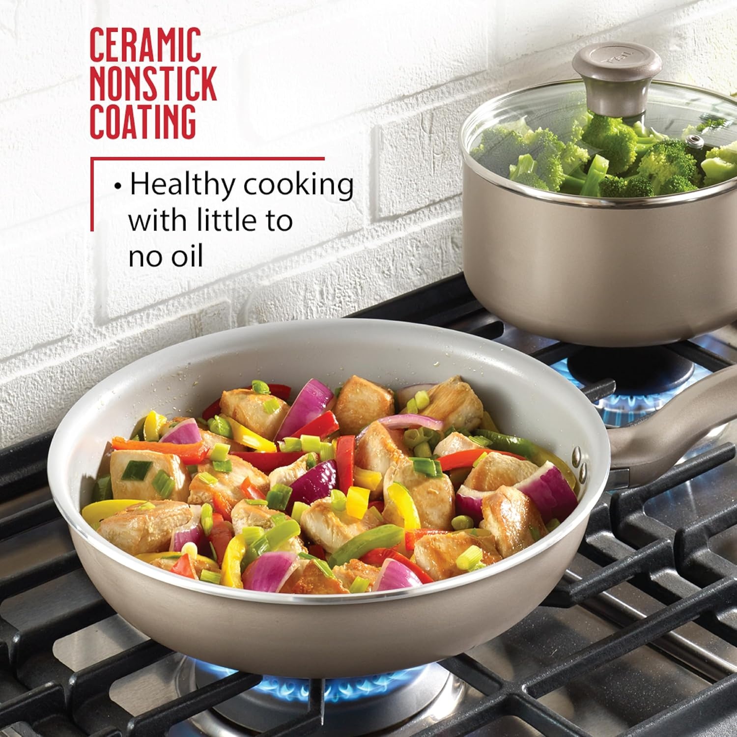 image:imageTfal Initiatives Ceramic Non Stick Cookware Set 14 Piece Oven Broiler Safe 350F Kitchen Cooking Set WFry Pans Saucepans Dutch Oven Utensils Healthy Cooking Home Pots and Pans Gold14Piece