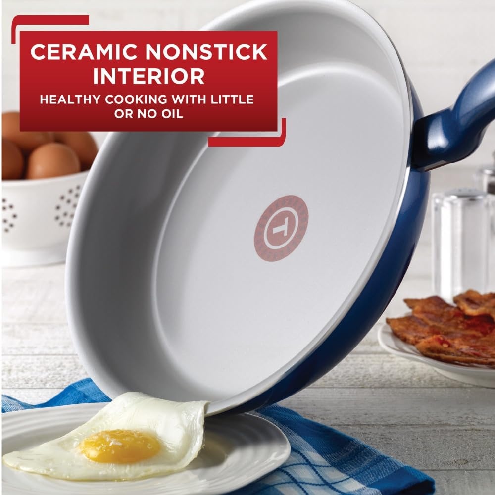 image:imageTfal Initiatives Ceramic Nonstick Cookware Set 14 Piece Oven Safe 350F Pots and Pans Blue
