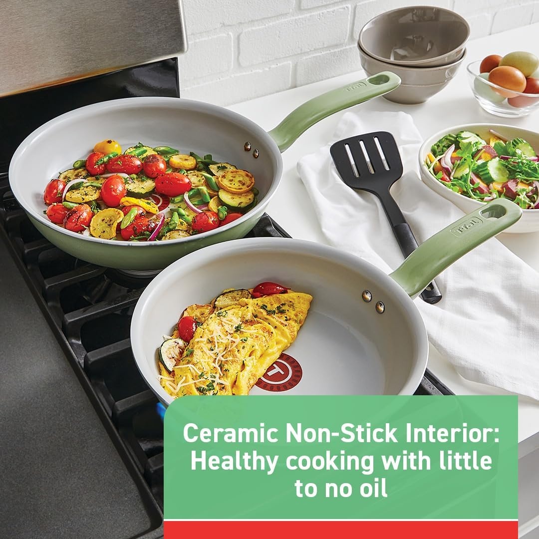 image:imageTfal Recycled Ceramic Nonstick Cookware Set 12 Piece Oven Safe 350F Pots and Pans Fry Pan Kitchen tools GreenSauce Pan