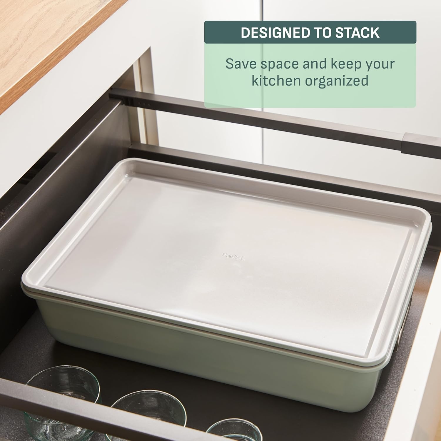 image:imageTfal Refresh Ceramic Nonstick Baking Pans Set 5 Pieces Roaster 6Cup for Muffins Loaf Square Baking Sheets Non Stick Stackable Bakeware Sets Mint Green5Piece