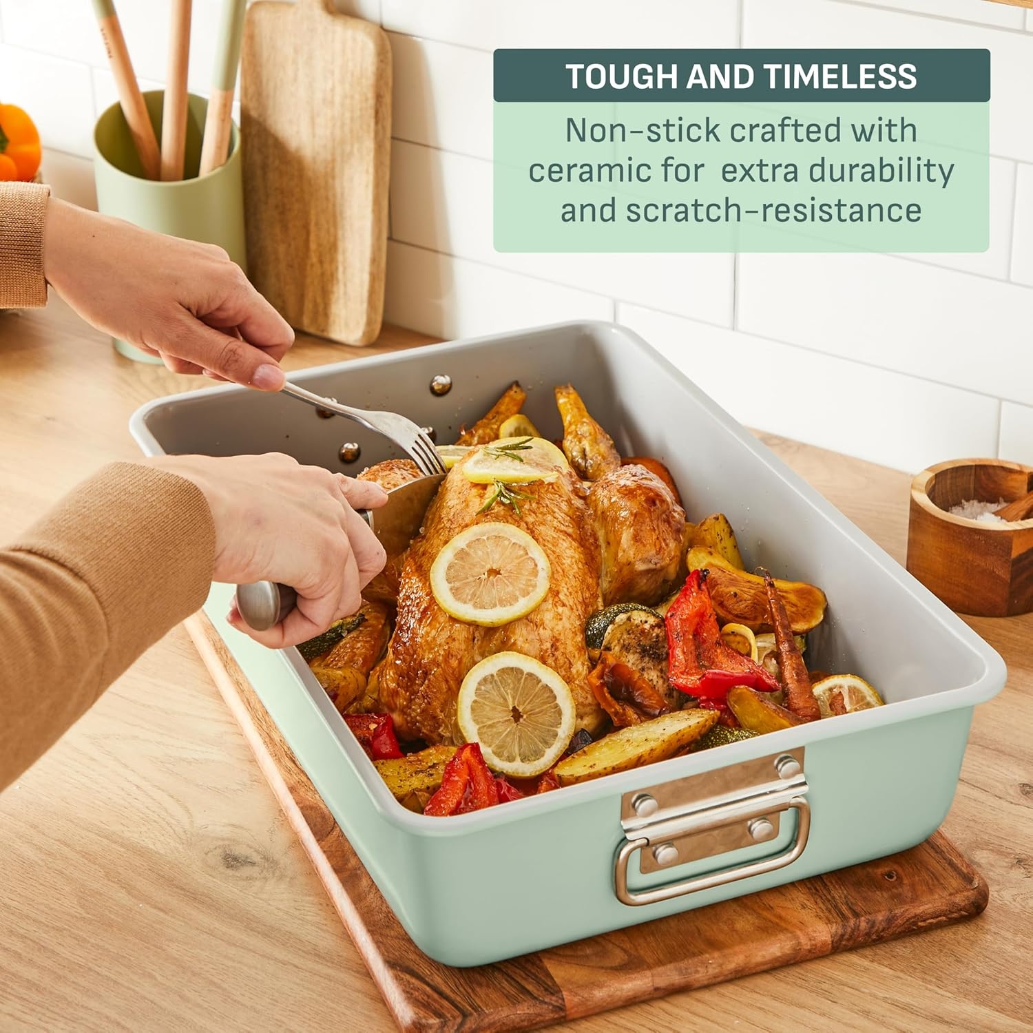 image:imageTfal Refresh Ceramic Nonstick Baking Pans Set 5 Pieces Roaster 6Cup for Muffins Loaf Square Baking Sheets Non Stick Stackable Bakeware Sets Mint Green5Piece