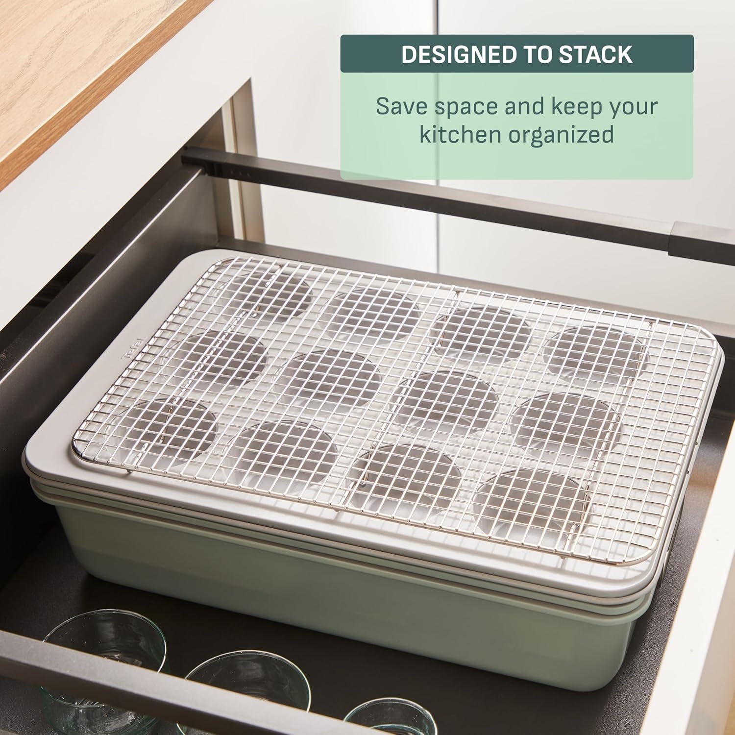 image:imageTfal Refresh Ceramic Nonstick Baking Pans Set 5 Pieces Roaster 6Cup for Muffins Loaf Square Baking Sheets Non Stick Stackable Bakeware Sets Mint Green8Piece