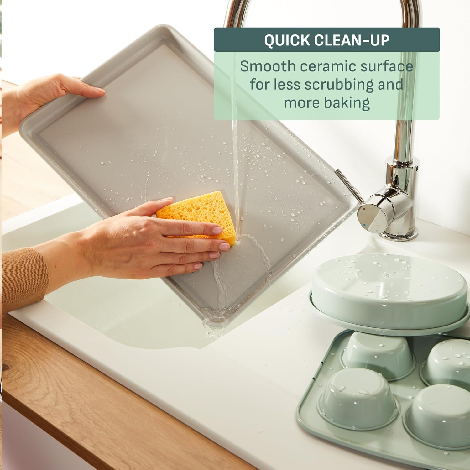 image:imageTfal Refresh Ceramic Nonstick Baking Pans Set 5 Pieces Roaster 6Cup for Muffins Loaf Square Baking Sheets Non Stick Stackable Bakeware Sets Mint Green5Piece