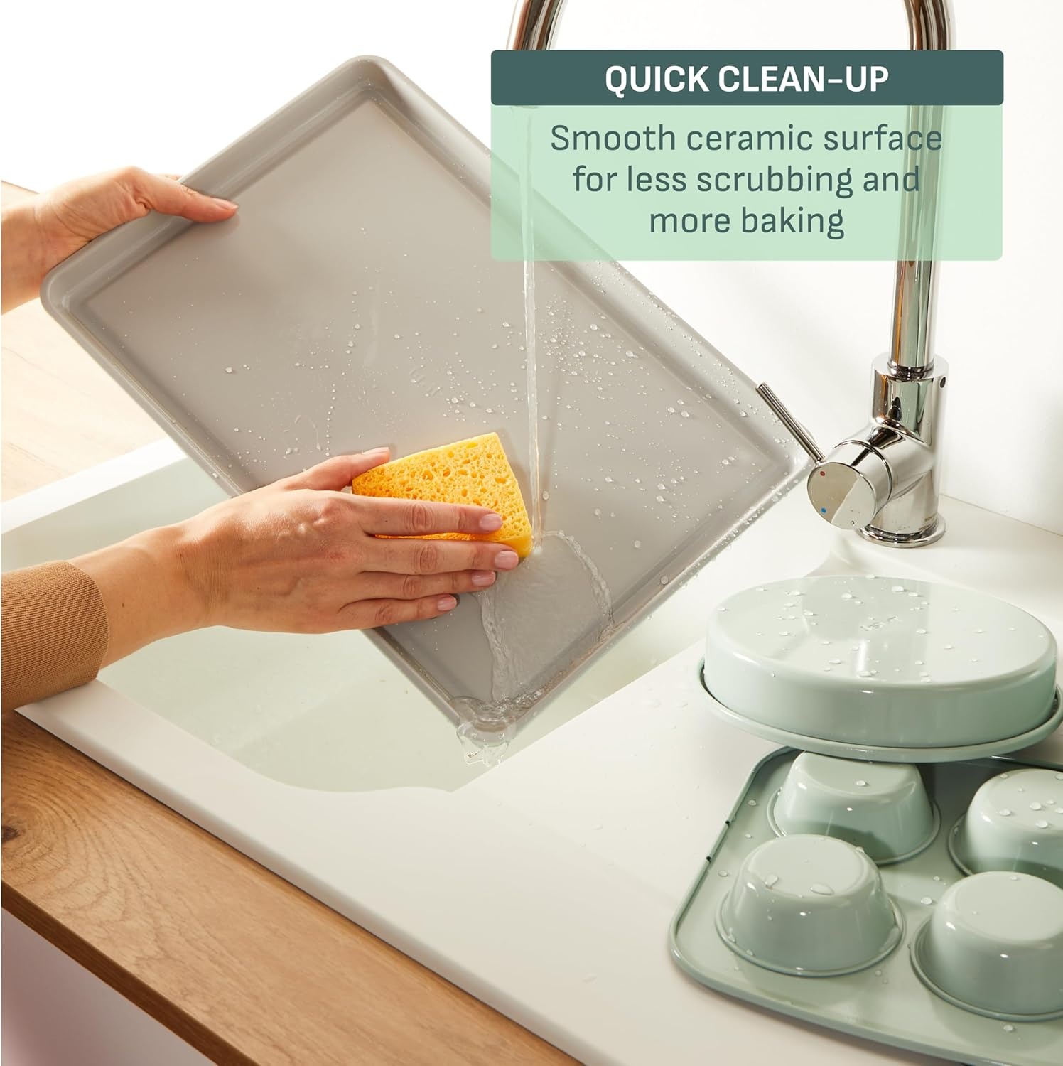 image:imageTfal Refresh Ceramic Nonstick Baking Pans Set 5 Pieces Roaster 6Cup for Muffins Loaf Square Baking Sheets Non Stick Stackable Bakeware Sets Mint Green8Piece