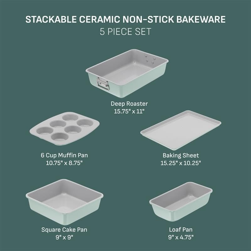 image:imageTfal Refresh Ceramic Nonstick Baking Pans Set 5 Pieces Roaster 6Cup for Muffins Loaf Square Baking Sheets Non Stick Stackable Bakeware Sets Mint Green5Piece
