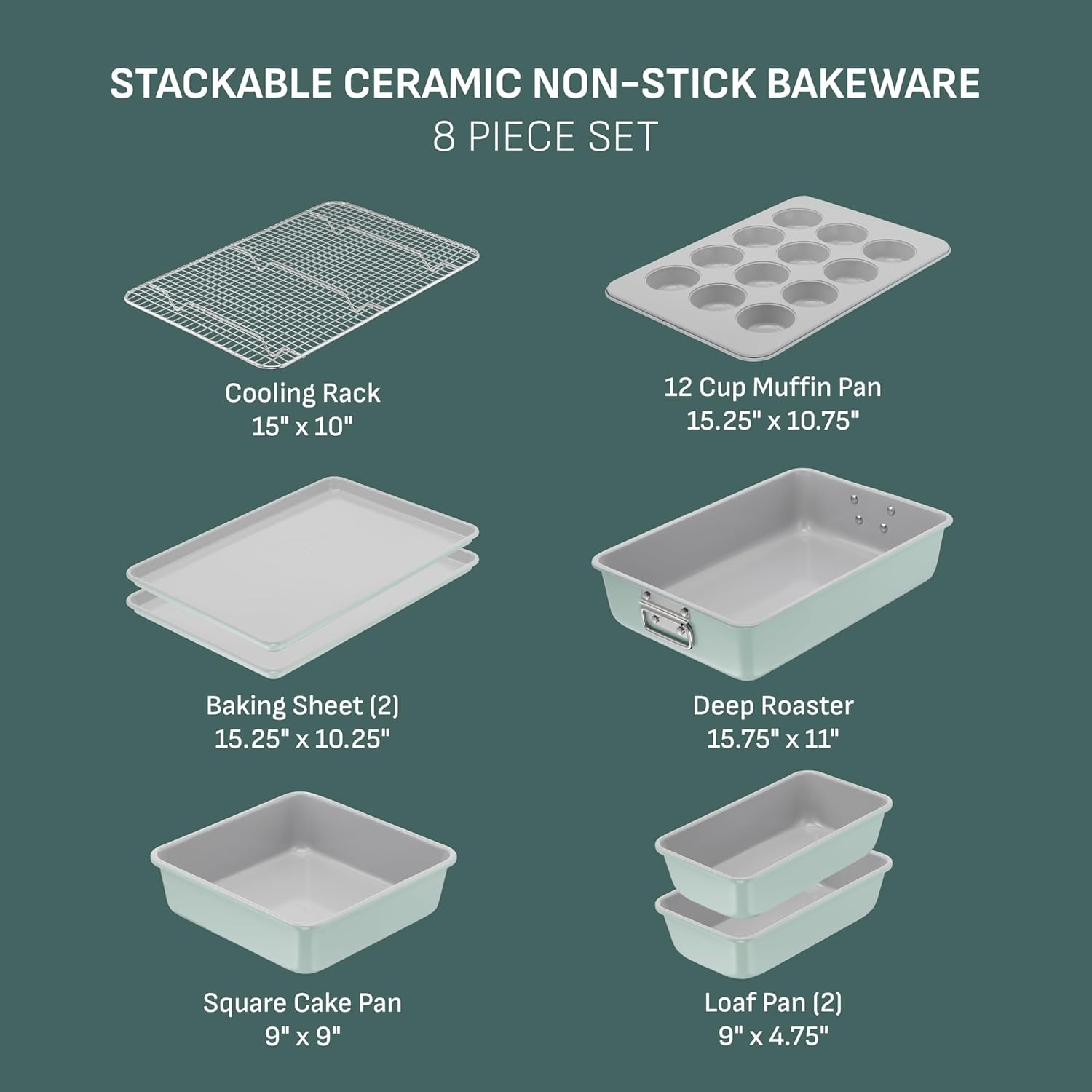 image:imageTfal Refresh Ceramic Nonstick Baking Pans Set 5 Pieces Roaster 6Cup for Muffins Loaf Square Baking Sheets Non Stick Stackable Bakeware Sets Mint Green8Piece