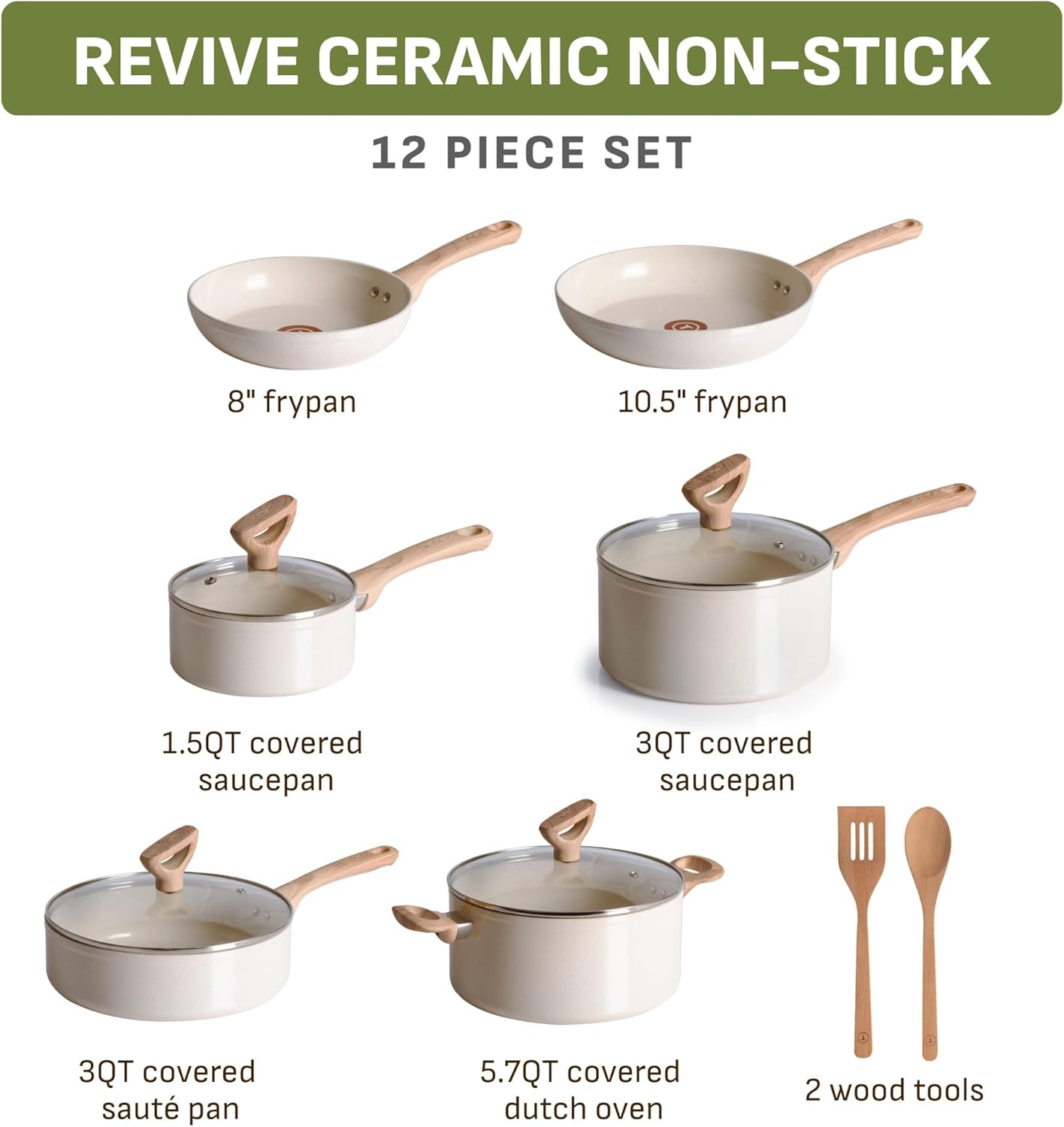 image:imageTfal Revive Ceramic Cookware Sets Pots and Pans Set Nonstick 12 pieces Ceramic Non stick Coated Frying Pan Oven Safe Up To 350F Grey GraniteBeige Granite