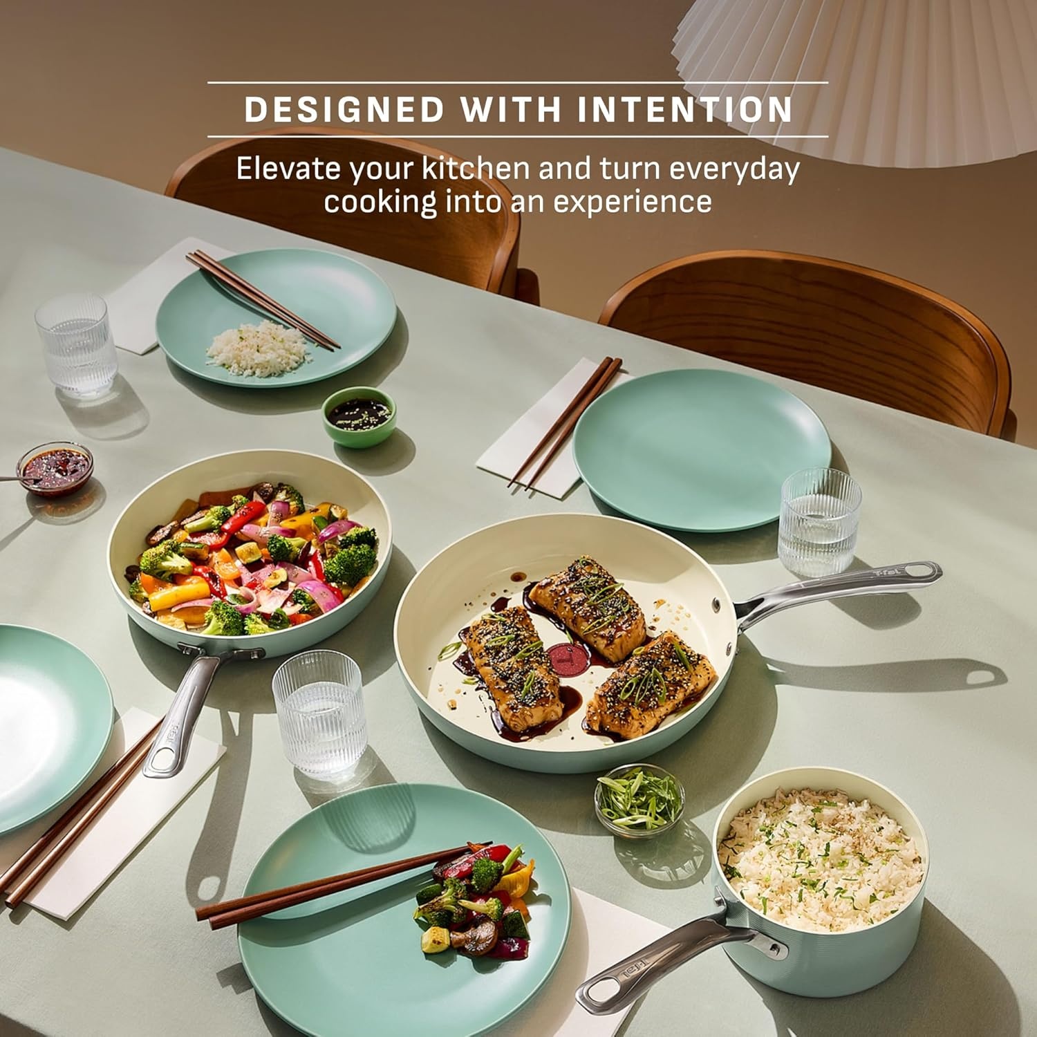 image:imageTfal Revive Ceramic Cookware Sets Pots and Pans Set Nonstick 12 pieces Ceramic Non stick Coated Frying Pan Oven Safe Up To 350F Grey GraniteMint Green
