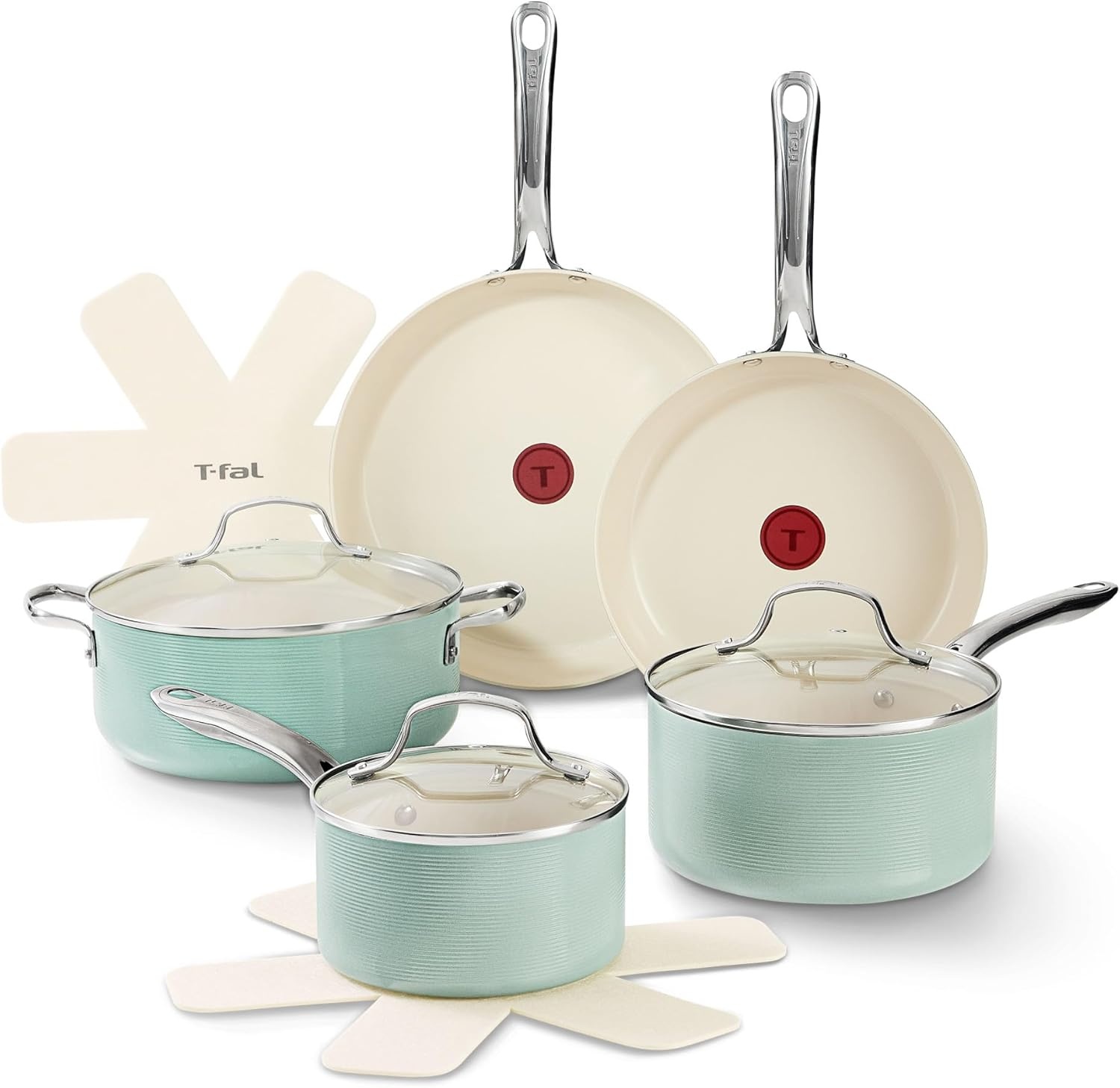 image:imageTfal Revive Ceramic Cookware Sets Pots and Pans Set Nonstick 12 pieces Ceramic Non stick Coated Frying Pan Oven Safe Up To 350F Grey GraniteMint Green