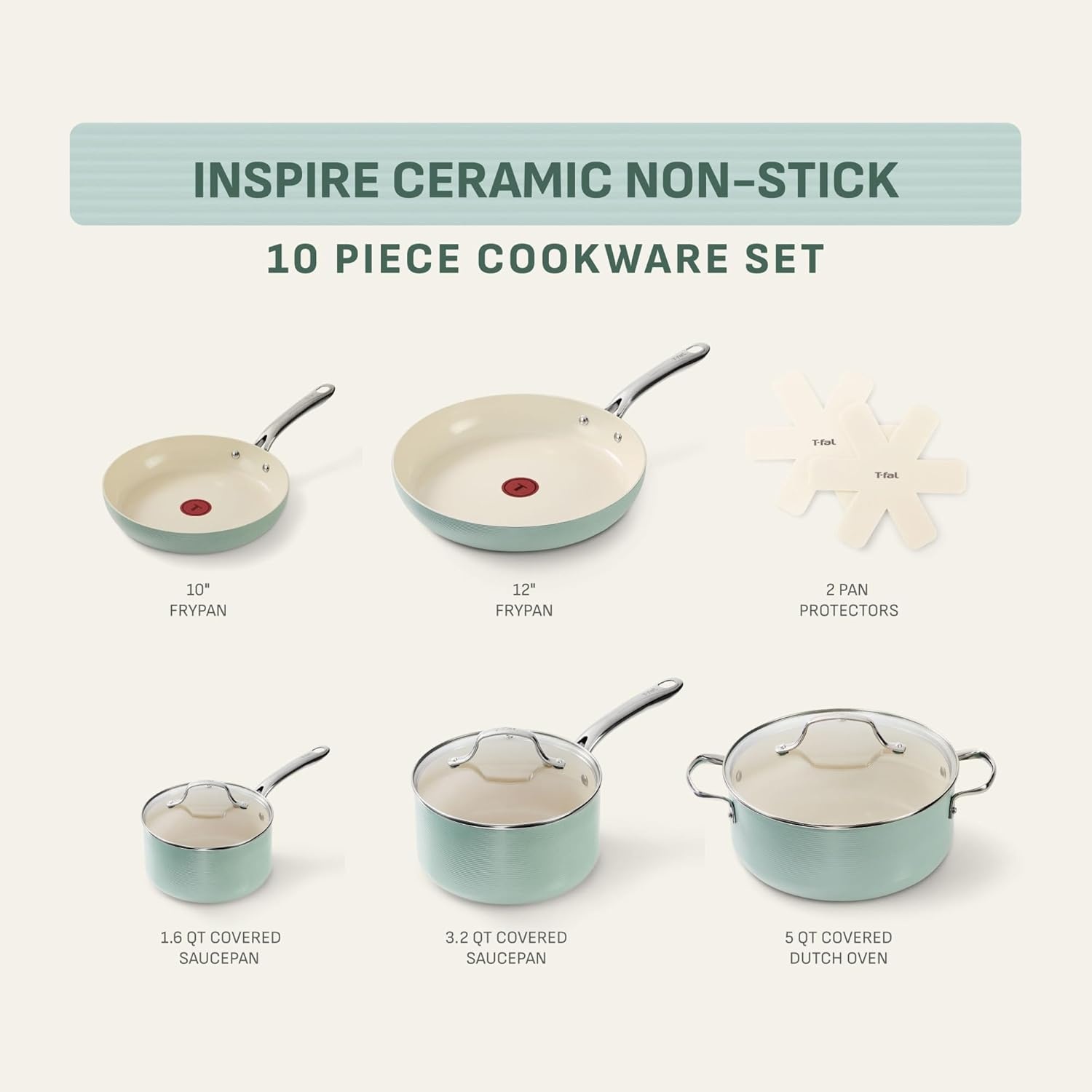 image:imageTfal Revive Ceramic Cookware Sets Pots and Pans Set Nonstick 12 pieces Ceramic Non stick Coated Frying Pan Oven Safe Up To 350F Grey GraniteMint Green
