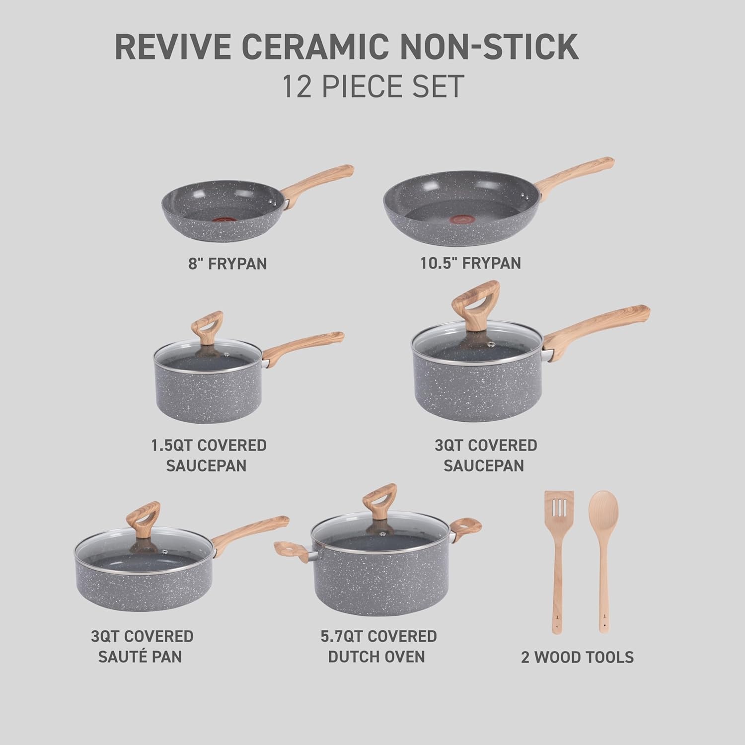 image:imageTfal Revive Ceramic Cookware Sets Pots and Pans Set Nonstick 12 pieces Ceramic Non stick Coated Frying Pan Oven Safe Up To 350F Grey GraniteStone Gray