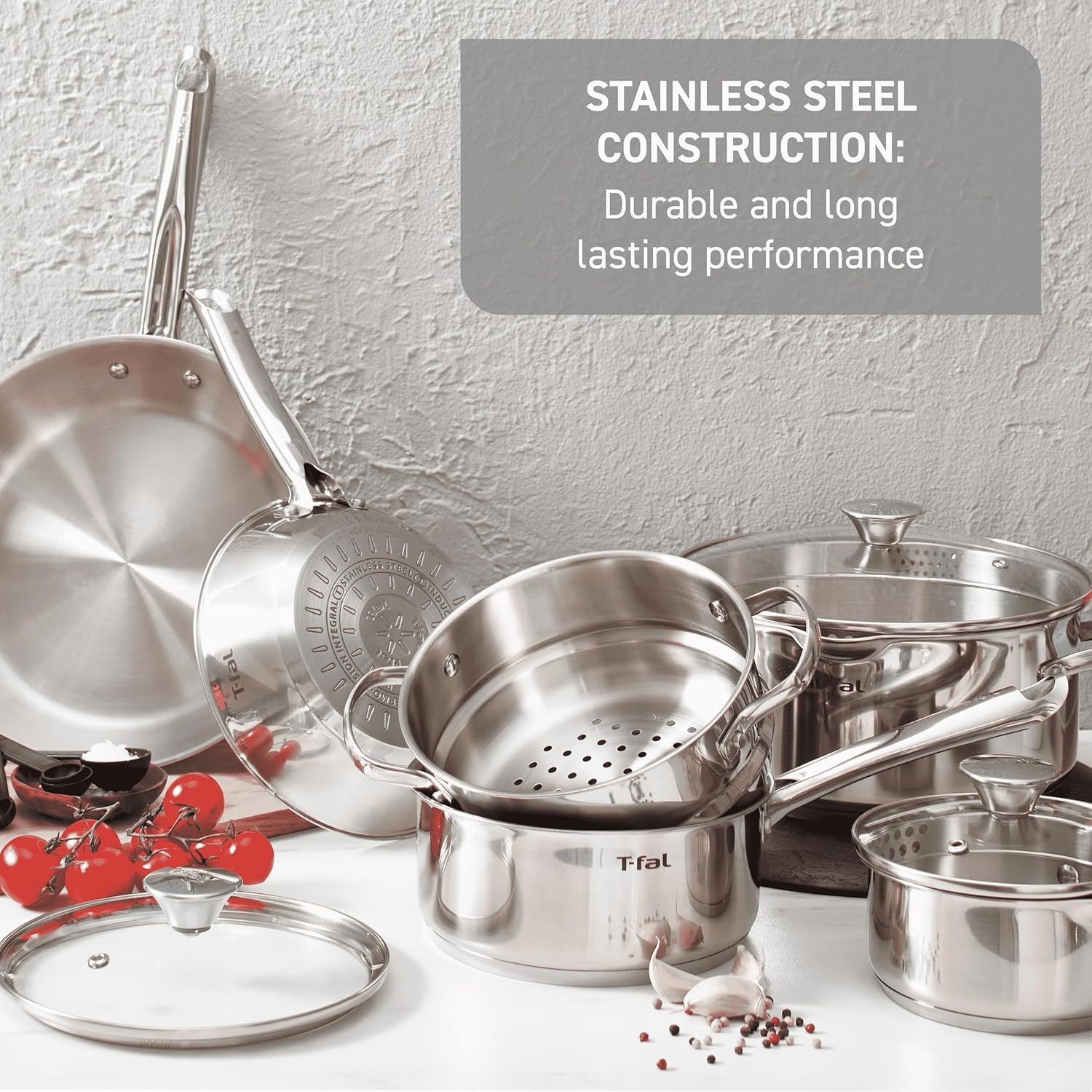 image:imageTfal Stainless Steel Pots and Pans Set 11 Piece Induction Oven Broiler Safe 500F Kitchen Cooking Set wFry Pans Saucepans Saute Pan Steamer Cookware Dishwasher Safe SilverFry Pan