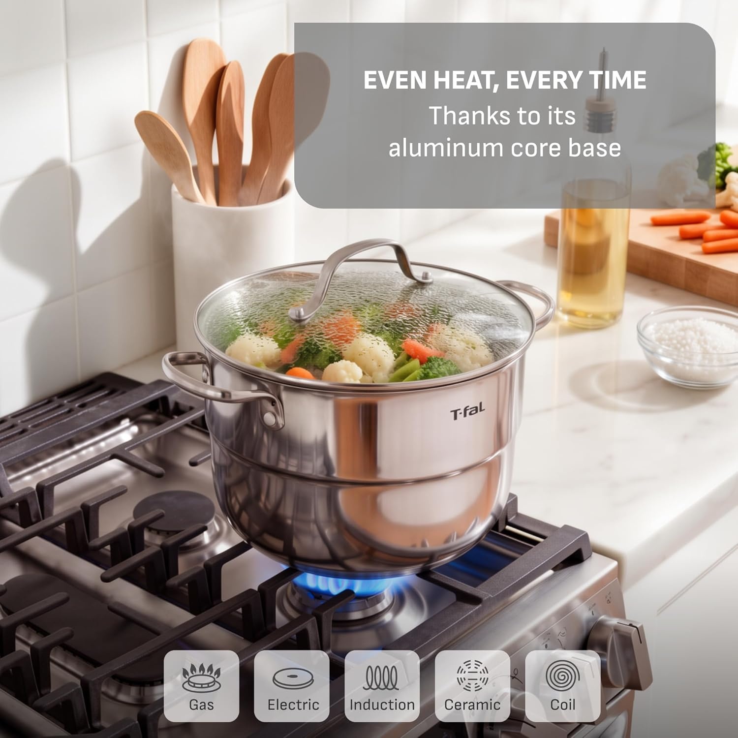image:imageTfal Stainless Steel Pots and Pans Set 11 Piece Induction Oven Broiler Safe 500F Kitchen Cooking Set wFry Pans Saucepans Saute Pan Steamer Cookware Dishwasher Safe SilverStockpot