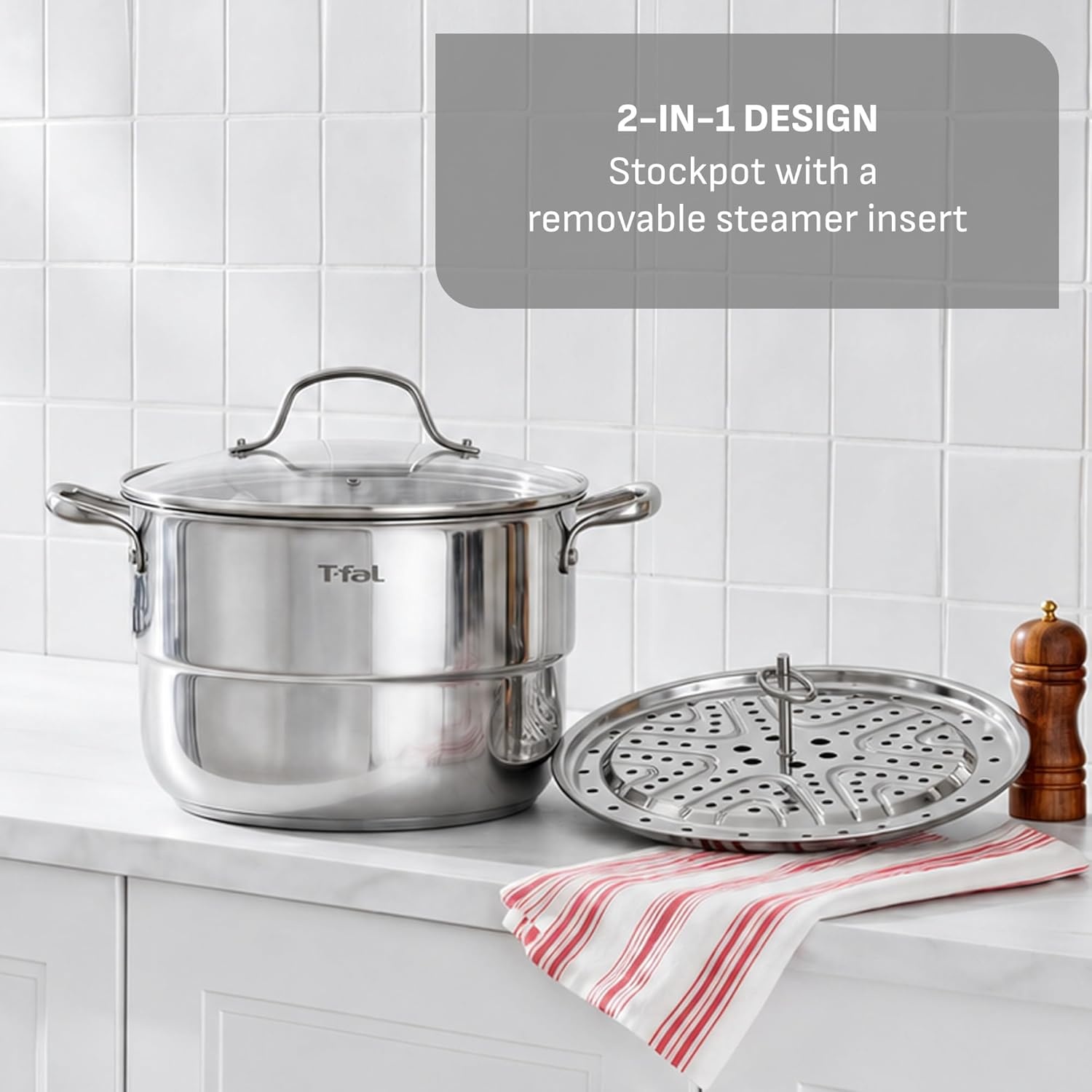 image:imageTfal Stainless Steel Pots and Pans Set 11 Piece Induction Oven Broiler Safe 500F Kitchen Cooking Set wFry Pans Saucepans Saute Pan Steamer Cookware Dishwasher Safe SilverStockpot