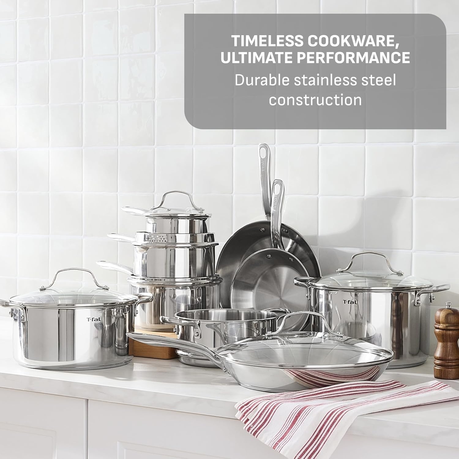 image:imageTfal Stainless Steel Pots and Pans Set 11 Piece Induction Oven Broiler Safe 500F Kitchen Cooking Set wFry Pans Saucepans Saute Pan Steamer Cookware Dishwasher Safe SilverCookware Set