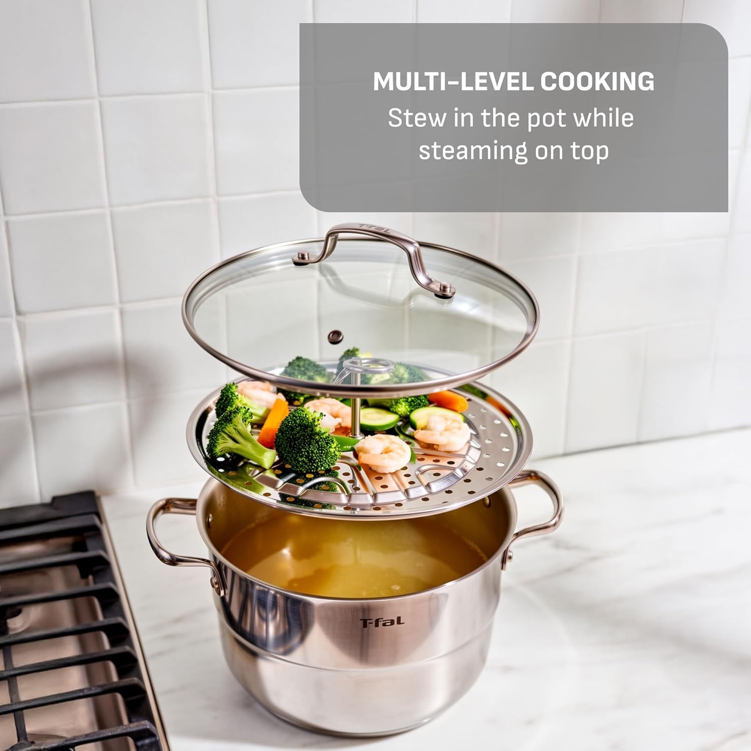 image:imageTfal Stainless Steel Pots and Pans Set 11 Piece Induction Oven Broiler Safe 500F Kitchen Cooking Set wFry Pans Saucepans Saute Pan Steamer Cookware Dishwasher Safe SilverStockpot