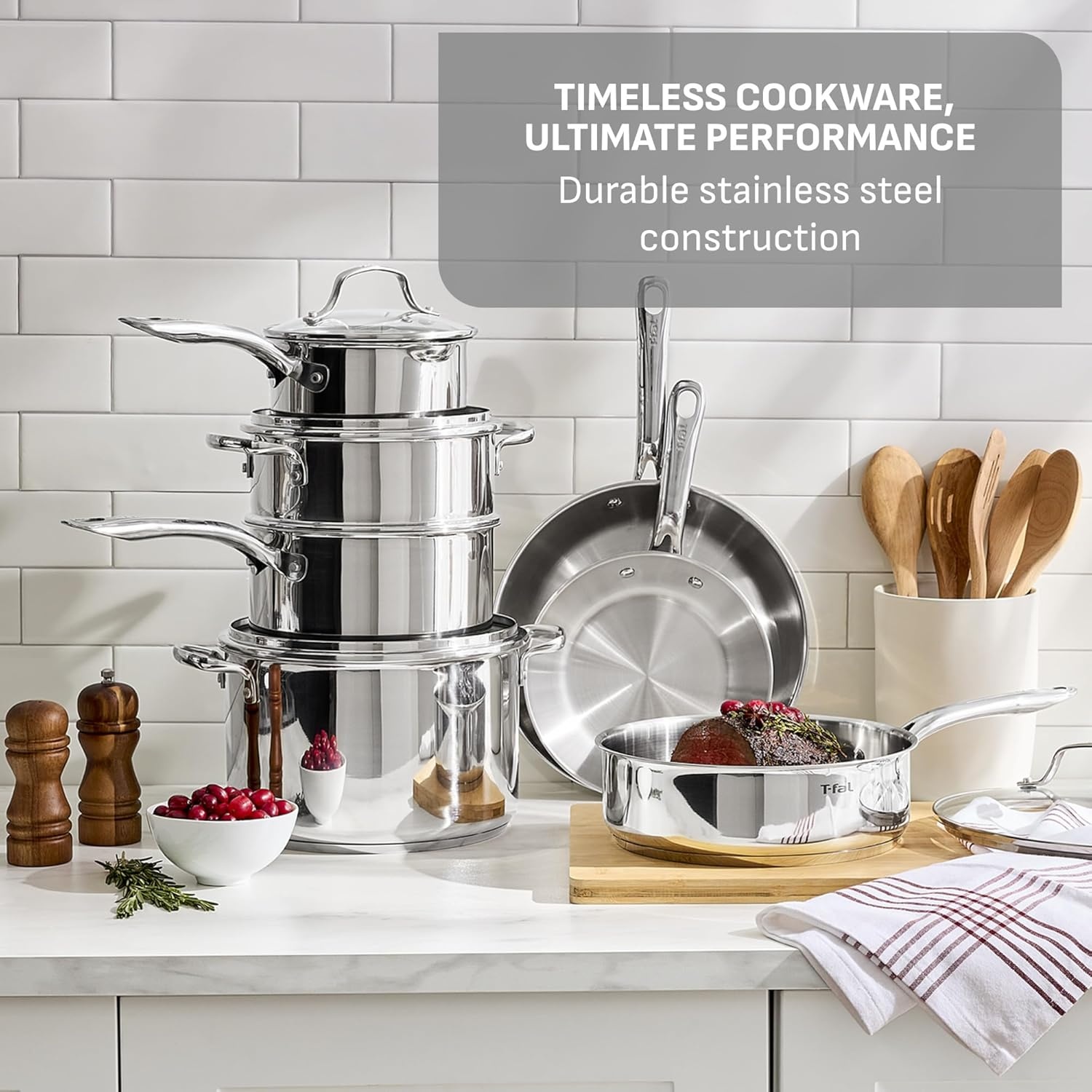image:imageTfal Stainless Steel Pots and Pans Set 11 Piece Induction Oven Broiler Safe 500F Kitchen Cooking Set wFry Pans Saucepans Saute Pan Steamer Cookware Dishwasher Safe SilverStainless Steel